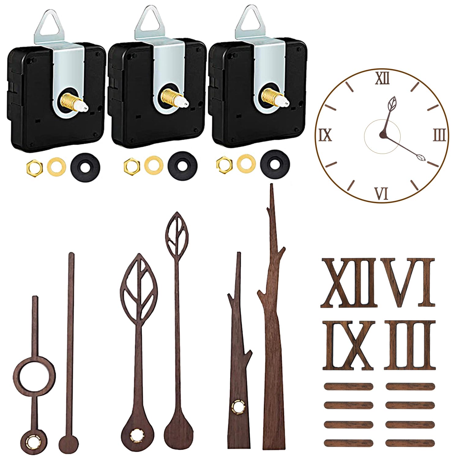 3 Sets 0.86in Shaft Clock Movement Mechanism with Hands and Numerals, Clock Repair Parts Replacement High Torque Long Shaft Clock Movement with 3 Pairs Hands & 1 Roman Numeral Scale