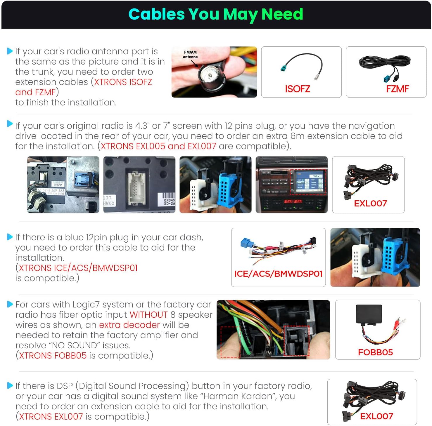 Diagram of optional cables for XTRONS IDP9053B installation.
