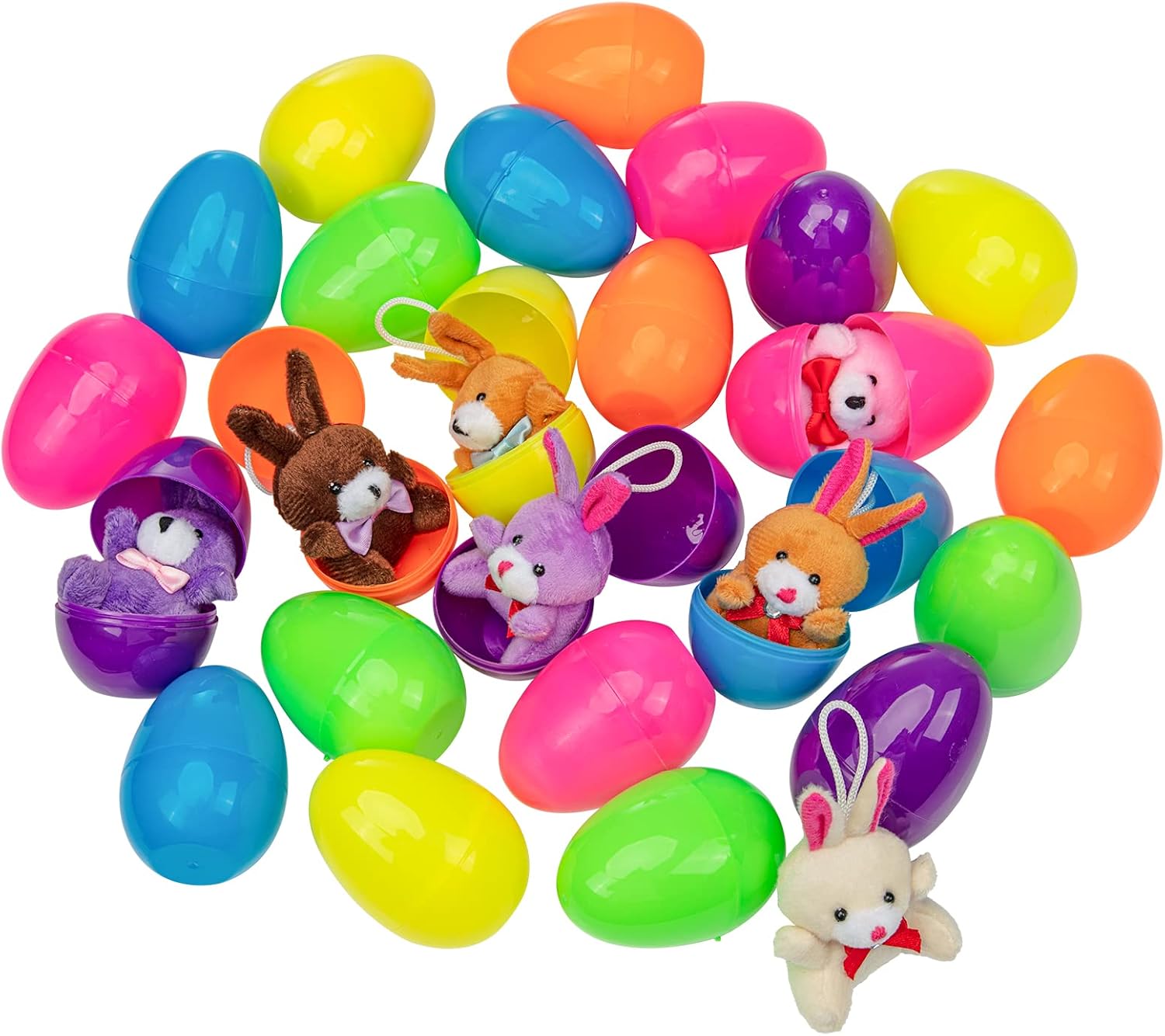 24 Pcs Filled Easter Eggs with Plush Bunny,Colorful Easter Eggs Prefilled with Plush Bunnies,Plush Animals Stuffed Toy for Kids Toddlers Easter Egg Hunt,Easter Basket Stuffers and Easter Party Favors