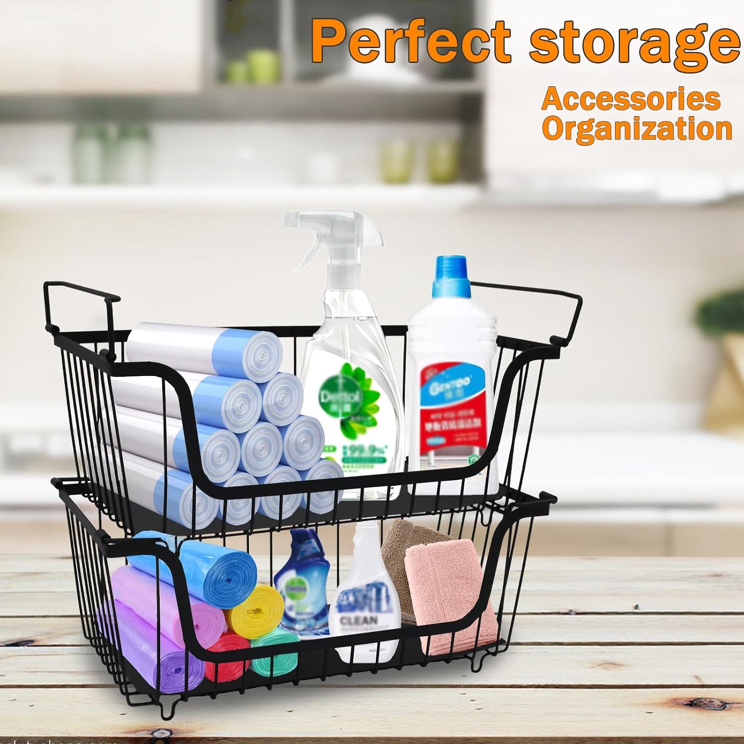 2 Pack Cleaning Supply Caddy and Trash Bag Holder Stand Set,Stackable Wire Storage Baskets,Under Sink Organizer,Cleaning Products Storage Organizer with Handles for Bathroom, Bedroom,Kitchen image 5