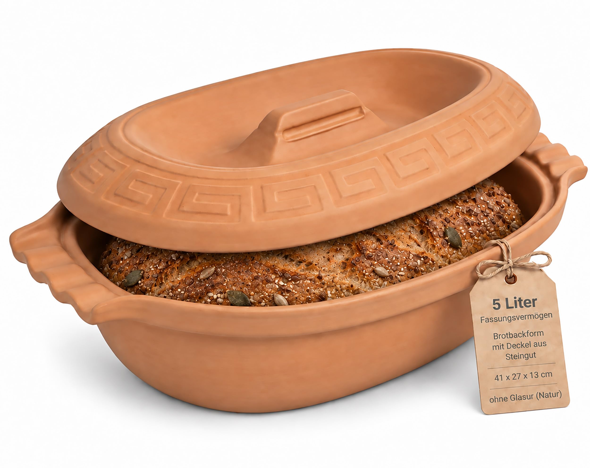 5 Liter ovale Brotbackform mit Deckel aus Steingut, 41x27x13 cm, Bräter, Auflaufform, Gratinform, Schmortopf, Brottopf (Ohne Glasur)