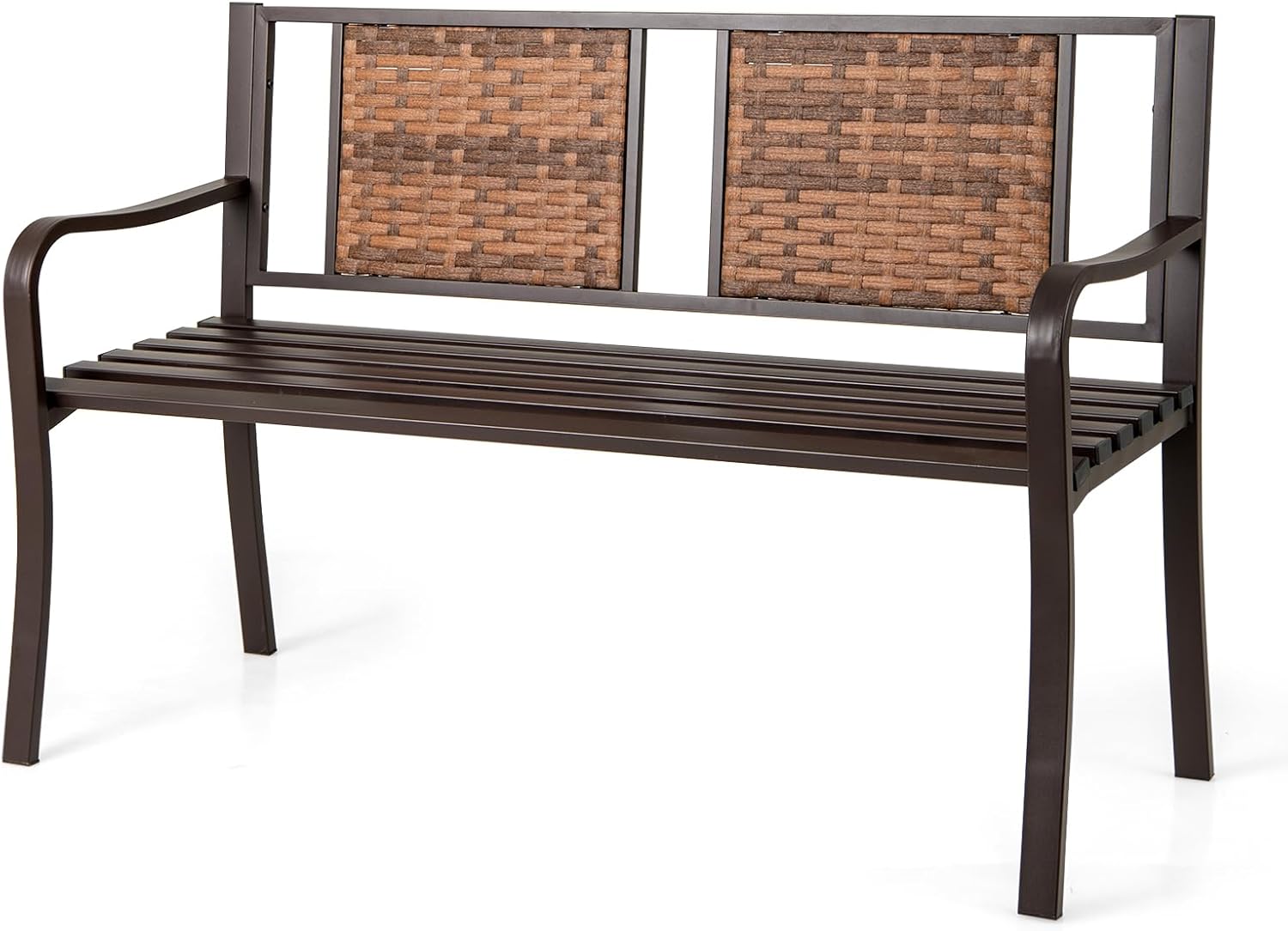 Giantex Outdoor Bench with PE Rattan Backrest, Curved Armrests, Slatted Seat for 2-3 Persons, Heavy-Duty Outdoor Seating Furniture, Garden Bench for Patio, Backyard, Poolside, Porch, Park, Brown
