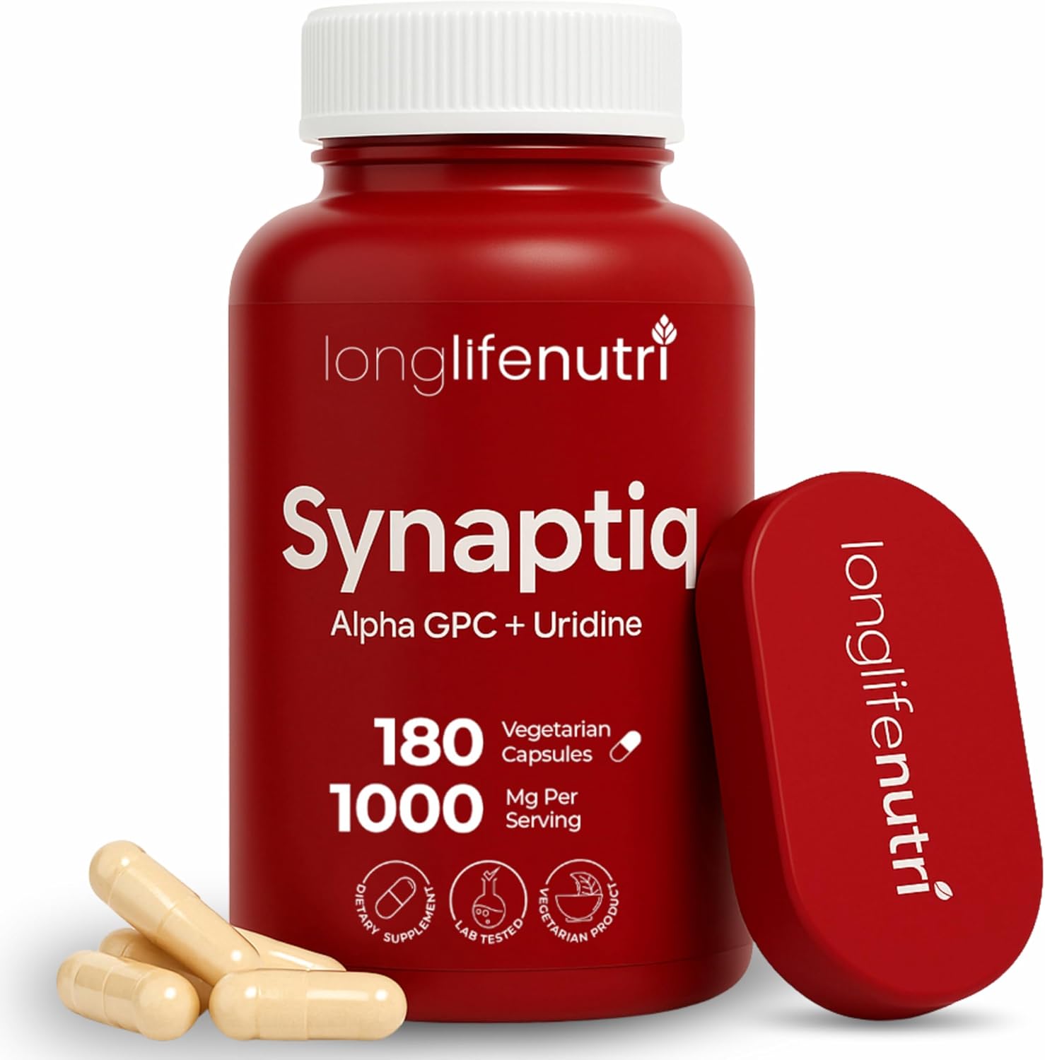 Synaptiq 1000mg (Alpha GPC + Uridine Monophosphate 600mg/400mg) - Nootropic Choline Supplement, 180 Vegetarian Capsules, 3-Month Supply, For Focus & Productivity, GMP Certified, Made in USA