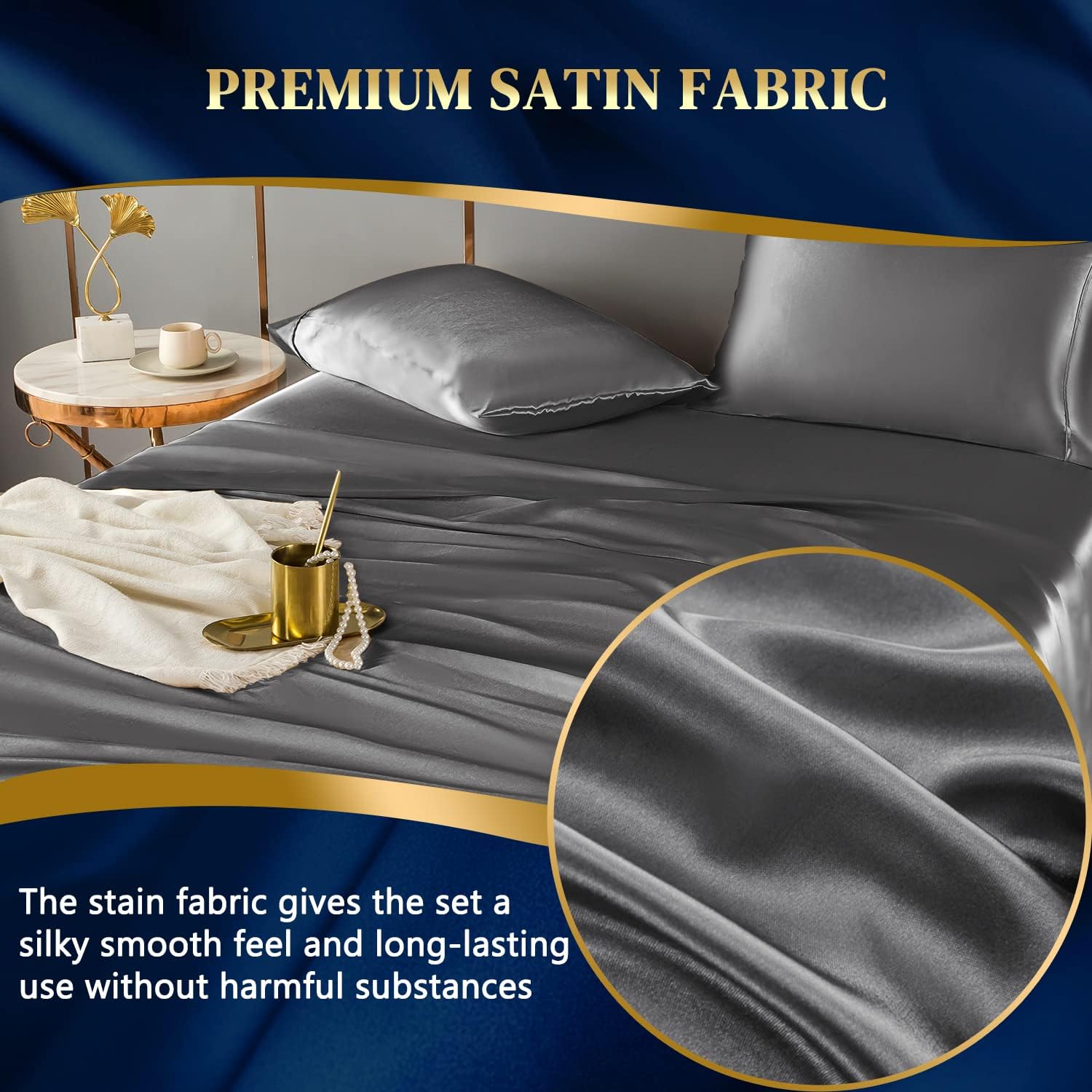 HENGWEI Full Size Satin Sheets - Cooling Sheets Satin Bed Sheets Soft Luxury Satin Sheet, Wrinkle-Free, Stain Resistant Satin Sheet Set with 1 Deep Pocket Fitted Sheet, Dark Gray 4 Pcs