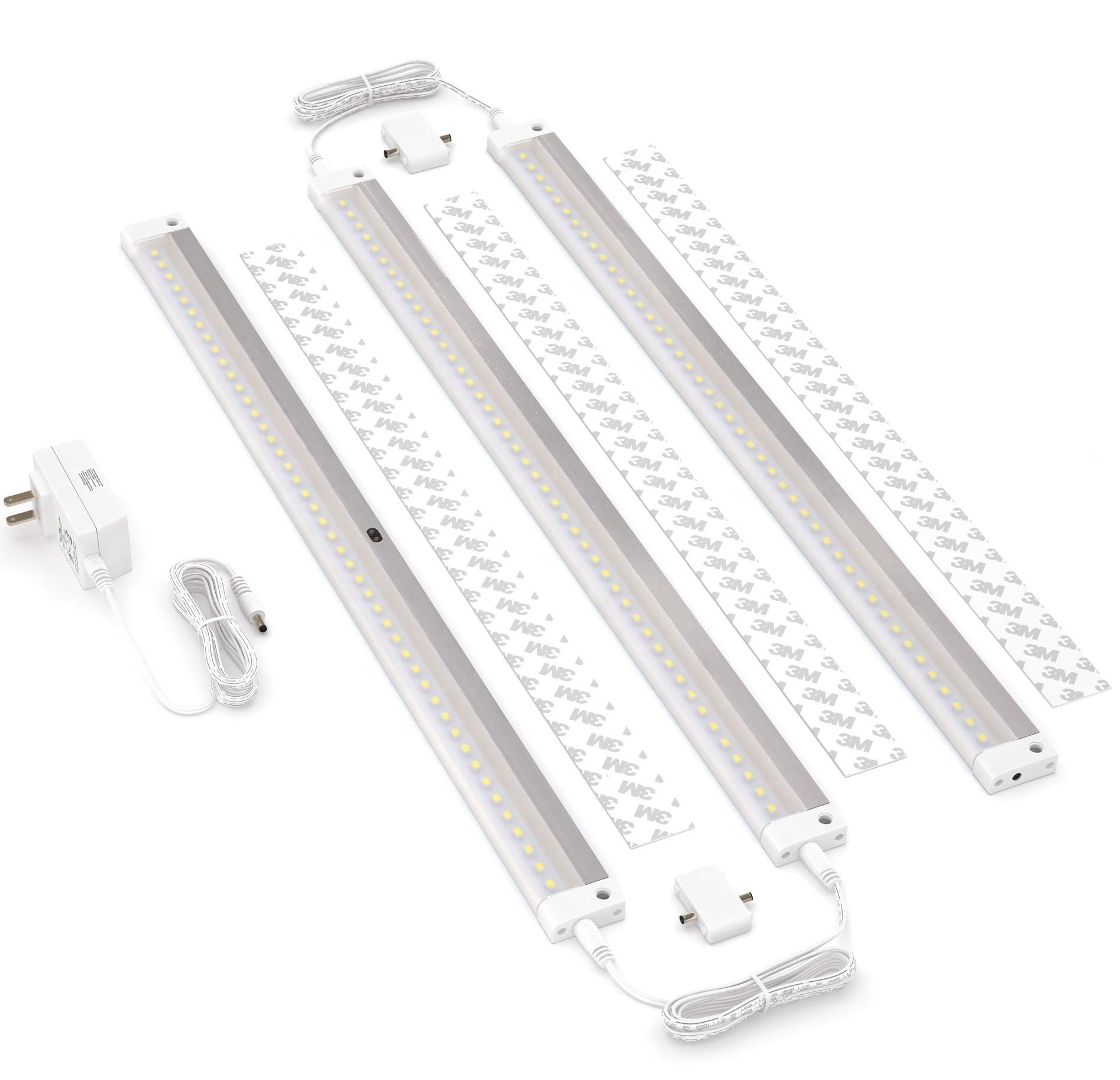 EShineWhite Finish 3 Extra Long 20 inch Panels LED Dimmable Under Cabinet Lighting Kit, Hand Wave Activated - Touchless Dimming Control, Warm White