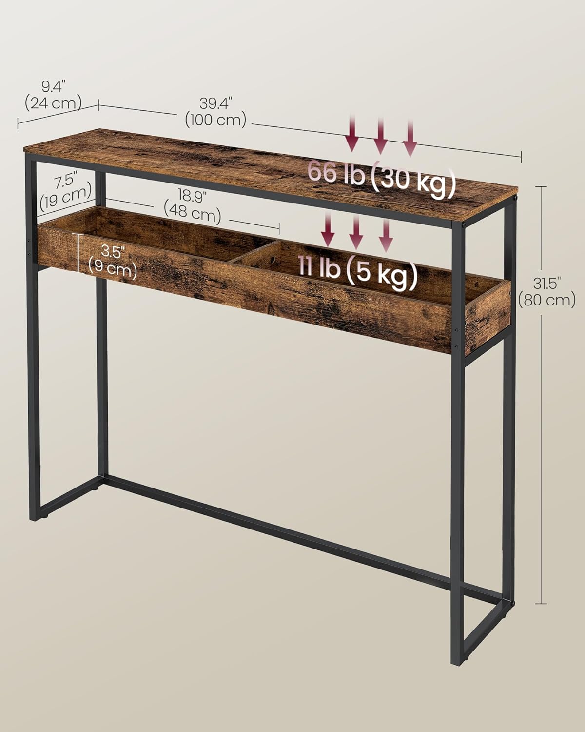 VASAGLE 2-Tier Entryway Table, Narrow Console Table, Semi-Open Compartments, 9.4 x 39.4 x 31.5 Inches, for Hallway, Living Room, Rustic Brown and Ink Black ULNT091K01