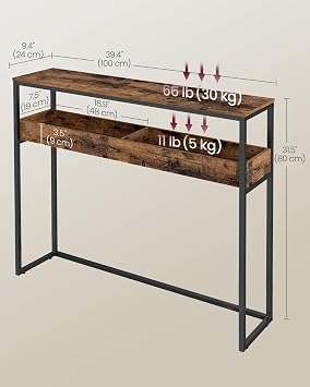 VASAGLE 2-Tier Entryway Table, Narrow Console Table, Semi-Open Compartments, 9.4 x 39.4 x 31.5 Inches, for Hallway, Living Room, Rustic Brown and Ink Black ULNT091K01