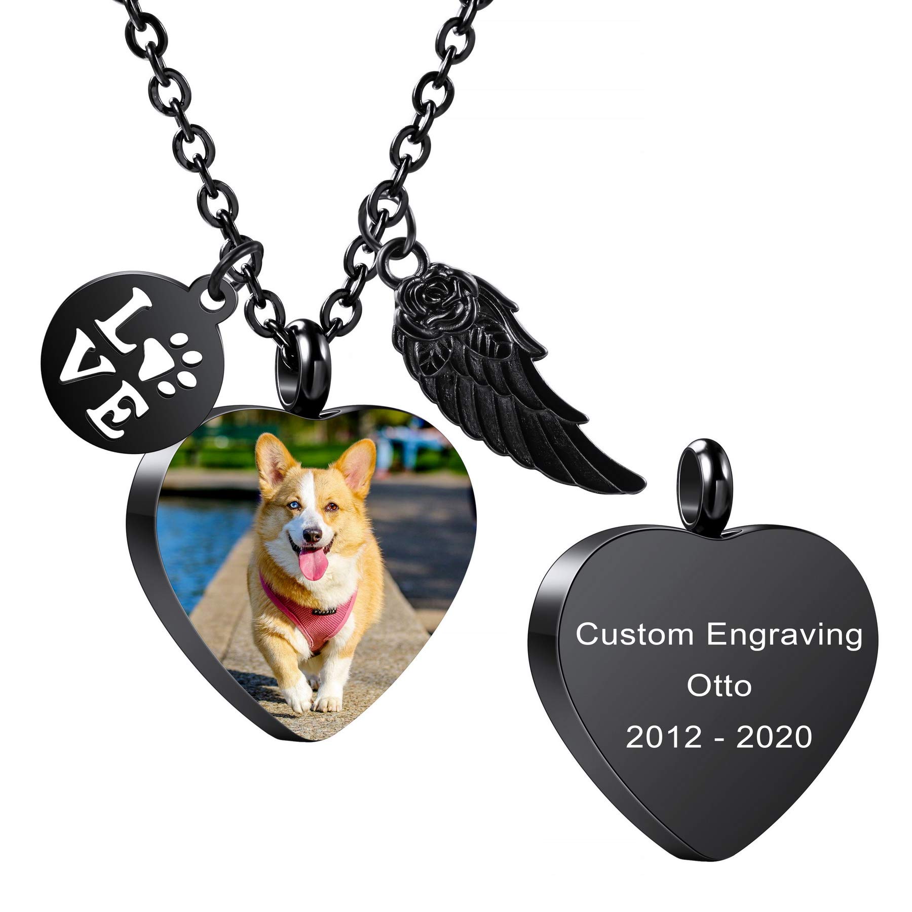 MeMeDIY Personalizado Corazón Huella de la Pata Cenizas Urna Colgante Collar Costumbre Nombre/Foto/Fecha para Mujer Hombre Mascota Amante Acero inoxidable Memorial Perro Gato Mascota Recuerdo
