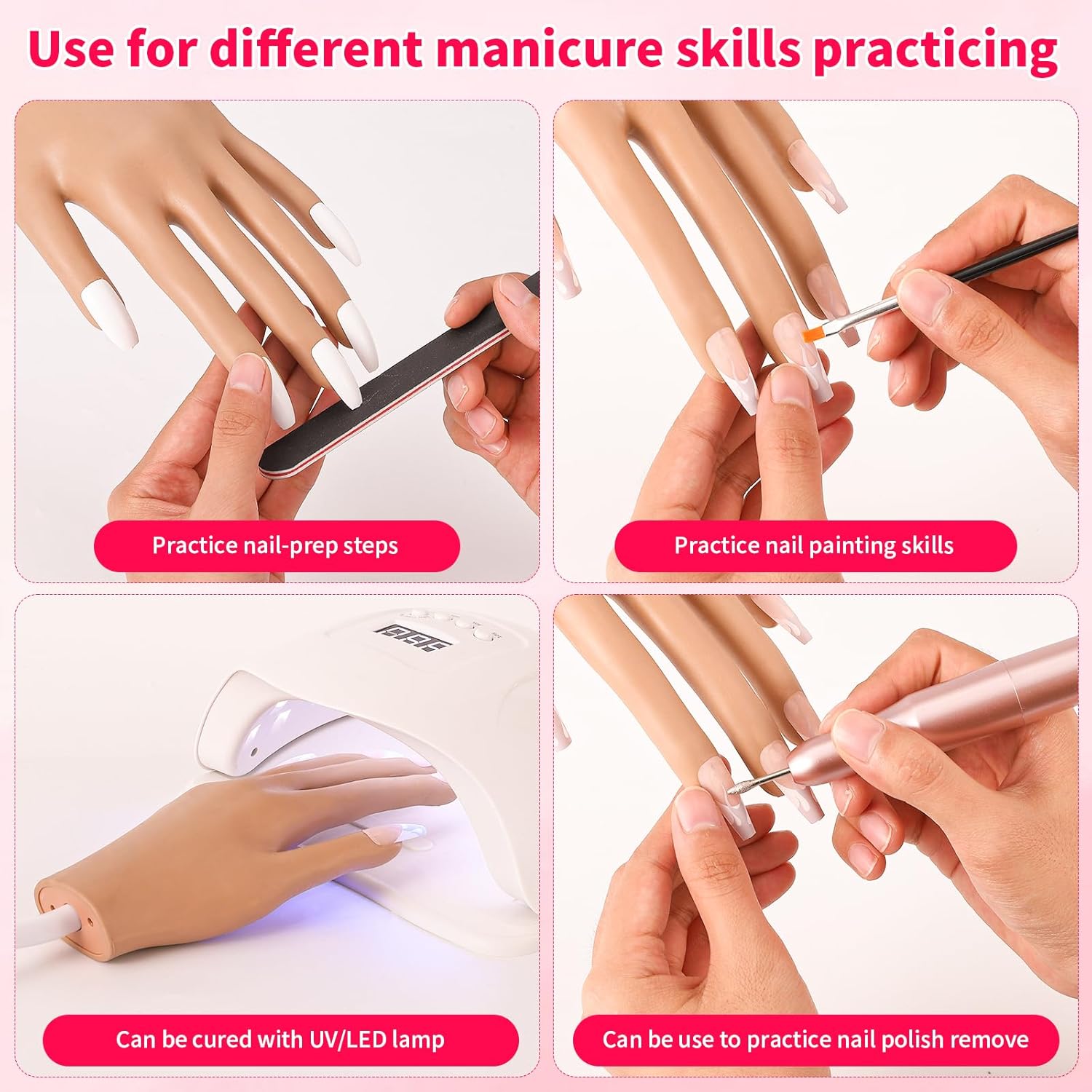 Practice Hand for Acrylic Nails - Nail Tips Won't Fall off Again- Flexible Fake Nail Mannequin Hand Practice for Training