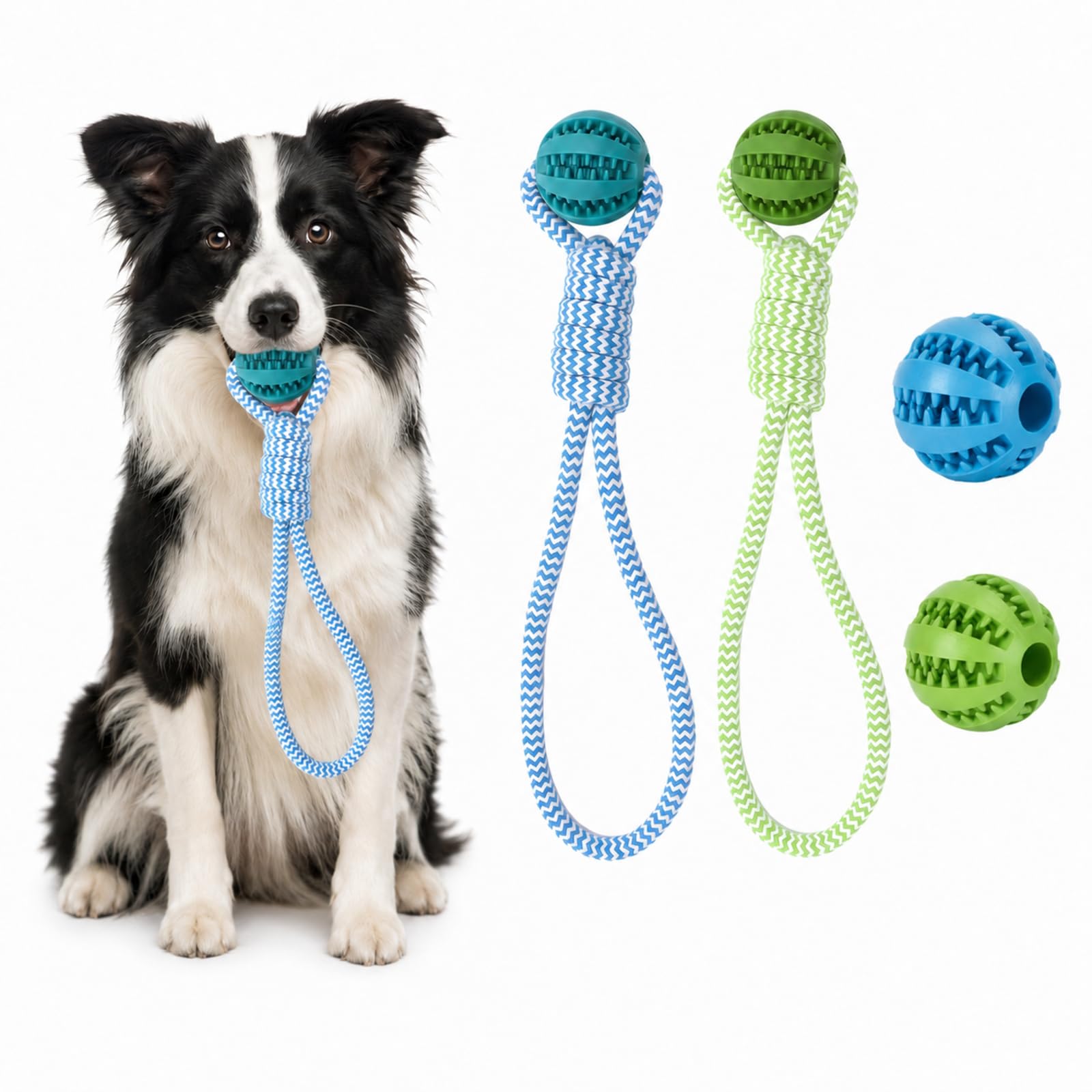 kiwkww 4Pcs Dog Ball on Rope, Ball on a Rope for Dogs, Two with Rope (Blue & Green) and Two Without Rope (Blue & Green), for Fetch and Tug Games