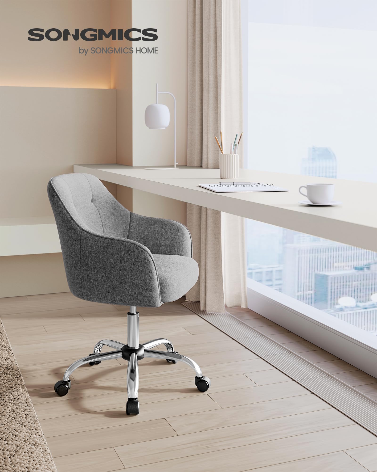 SONGMICS Chaise de Bureau, Fauteuil Ergonomique, Siège Pivotant, Réglable en Hauteur, Capacité 110 kg, Cadre en Acier, Tissu en Coton-Lin Respirant, pour Bureau, Chambre, Gris OBG019G01