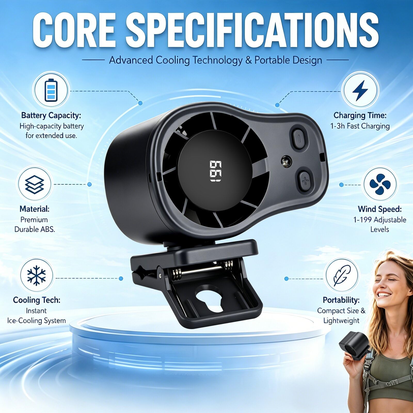 xinrongda Condizionatore d'aria portatile con clip per auto, con display a LED, rotazione a 360°, 199 velocità regolabili, ricaricabile tramite USB, ventilatore per auto, casa, ufficio e scrivania