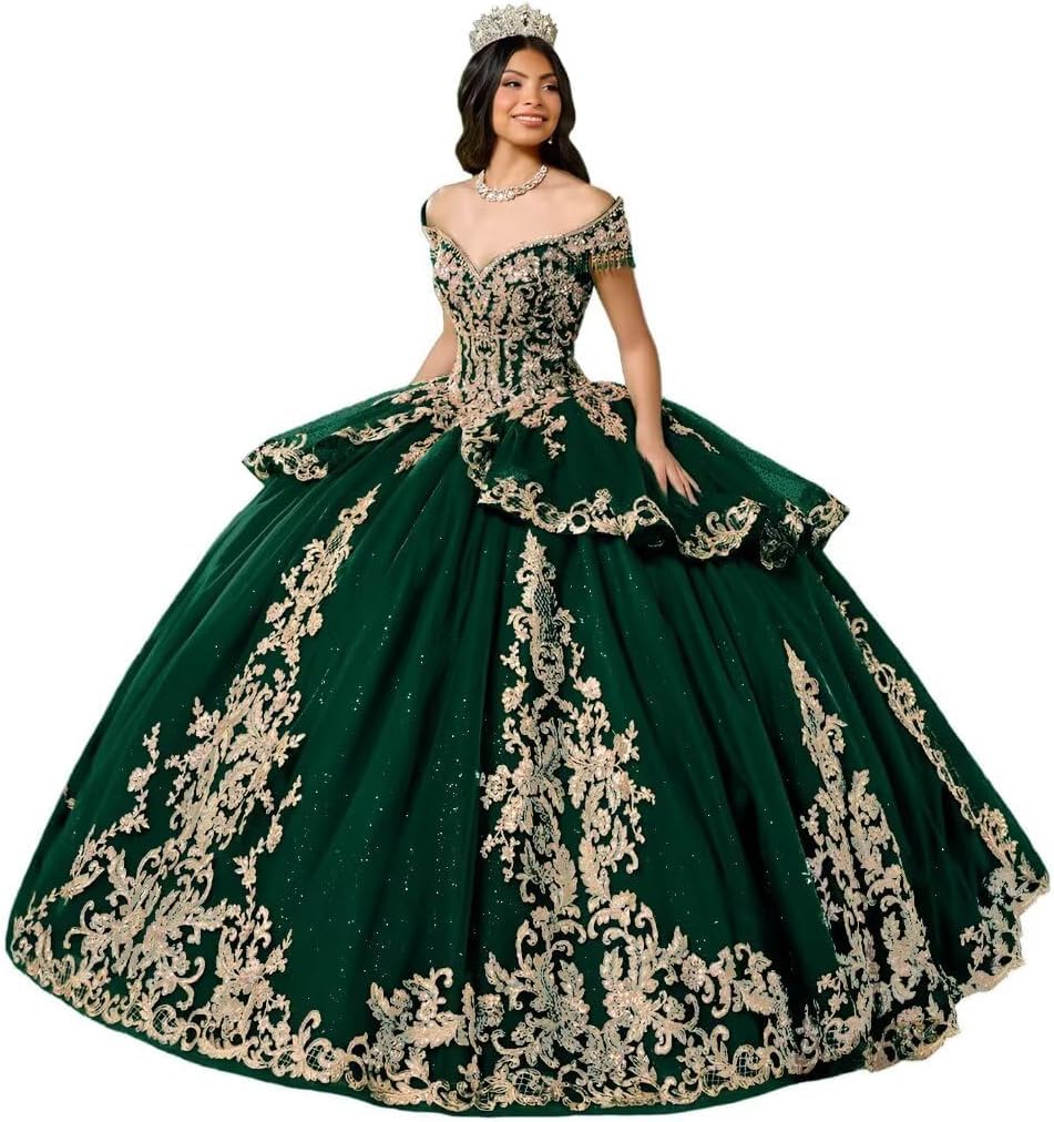 Yifanier Puffy Tulle Quinceanera Dress with TRAI 3D Gold Lace Appliques Sparkly Lace Applique Quinceanera Dresses MT039