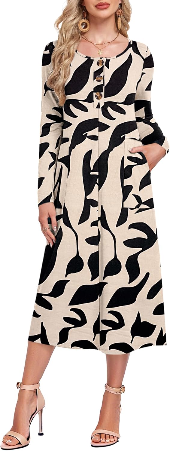 MOLERANI Women's Long Sleeve Maxi Dress with Pockets - Casual, Knit, Loose, Button, Crew Neck, Lightweight(XS-3XL)