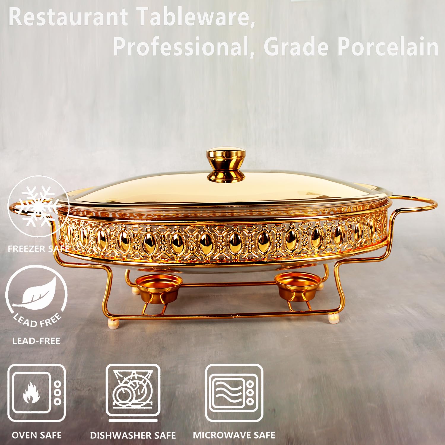 Auflaufform aus Glas mit Edelstahldeckel und Gestell, große Backform für Auflauf und Lasagne, spülmaschinen-, gefrierschrank-, mikrowellen- und ofenfest (Golden oval, 2,5 Qt)