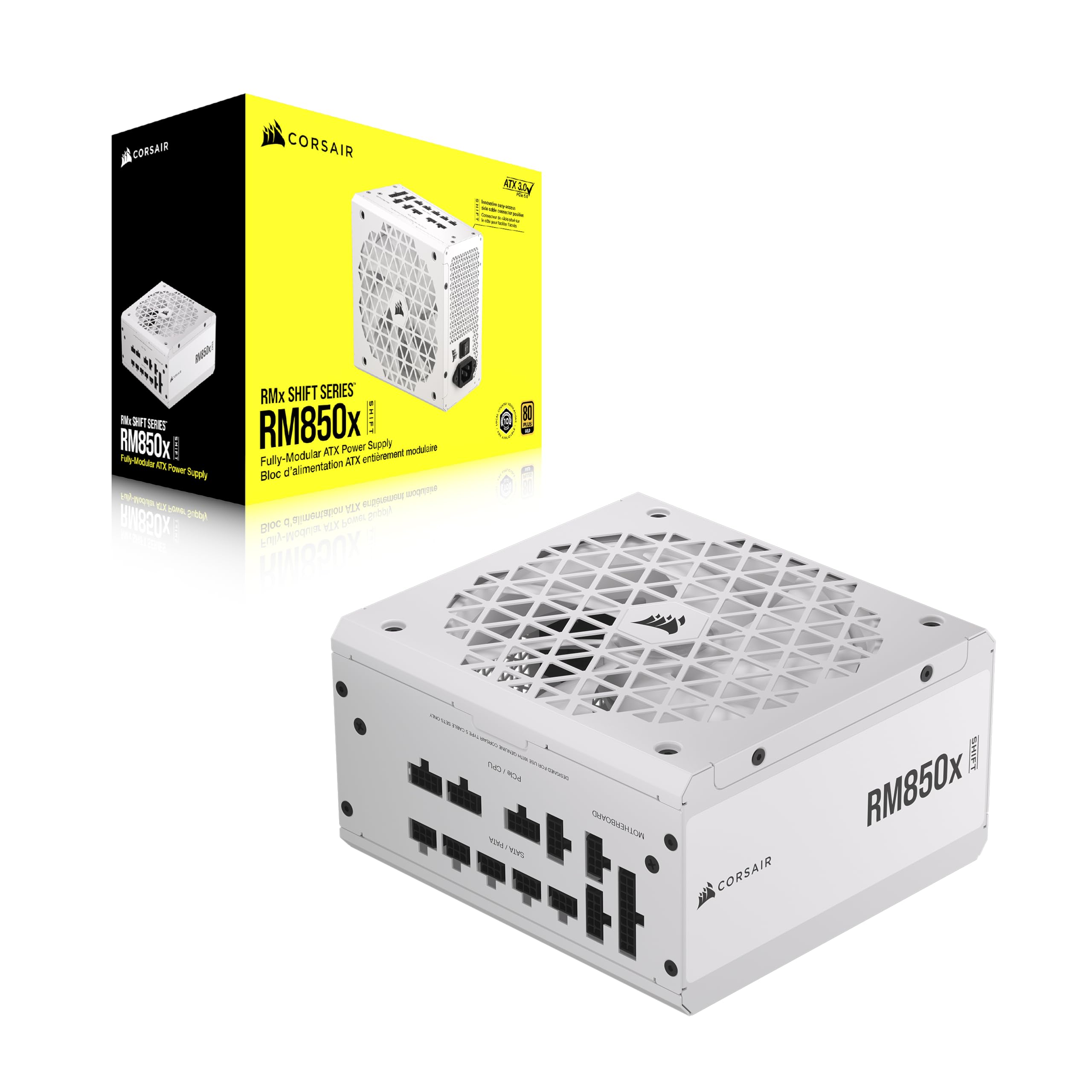 Corsair RM850x SHIFT Alimentation ATX Entièrement Modulaire - Interface Latérale Modulaire - Compliant ATX 3.1 & PCIe 5.1 - Condensateurs Évalués à 105°C - Efficacité 80 PLUS Gold - Blanc