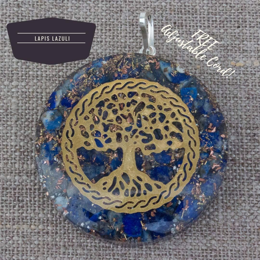 Orgonite Chakra Energy Web Tree of Life Orgone Pendant – Revitalization and Relaxation Chi-Lapis Lazuli, Carnelian Crystal Necklace- Brass and Copper Tesla Coil Embedded- Unisex (Lapis Lazuli)