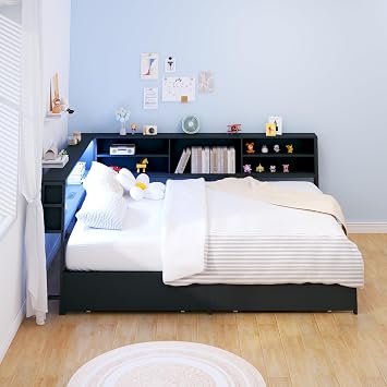 Corner Bed Frame Full with Storage, L Shaped Daybed for Kids,Full Corner Bed with Drawers, Shelves, RGB LED Lights & Charging Station, Sturdy Metal Kids Full Bed for Girls Boys,Black