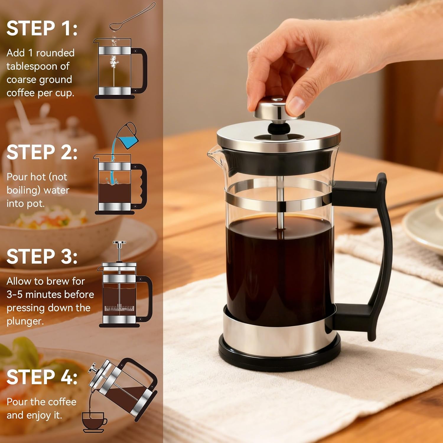 French Press Coffee Maker, Stainless Steel Glass Coffee Pot Cold Brew Tea Maker for Kitchen Travel Camping