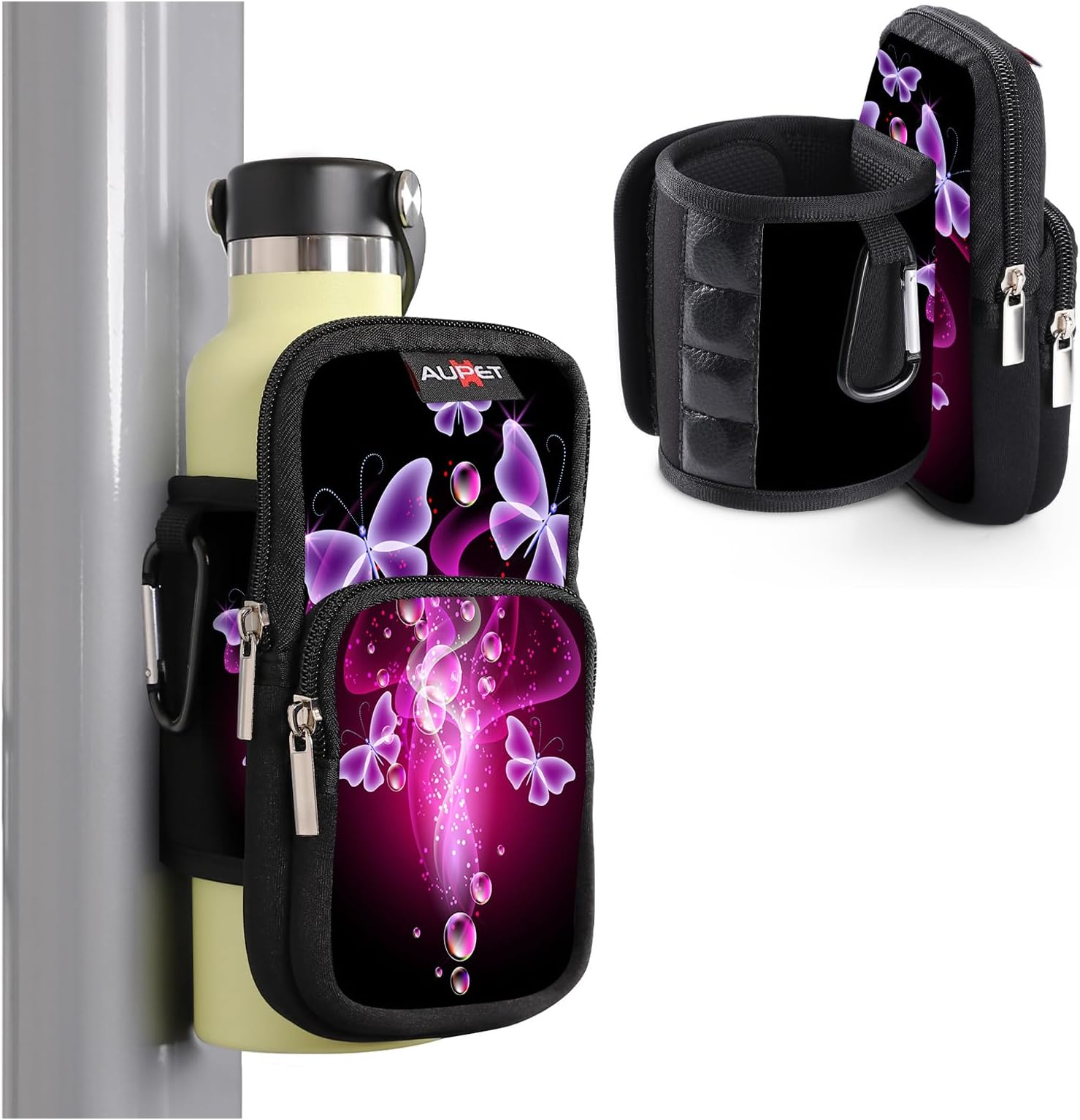 AUPET Magnetic Gym Water Bottle Holder - Gym Accessories for Men Women,Magnet Bottle Cup Carrier Phone Bag Sleeve Pouch Purse (Purple Butterfly, S(fit 16-25oz Bottle))