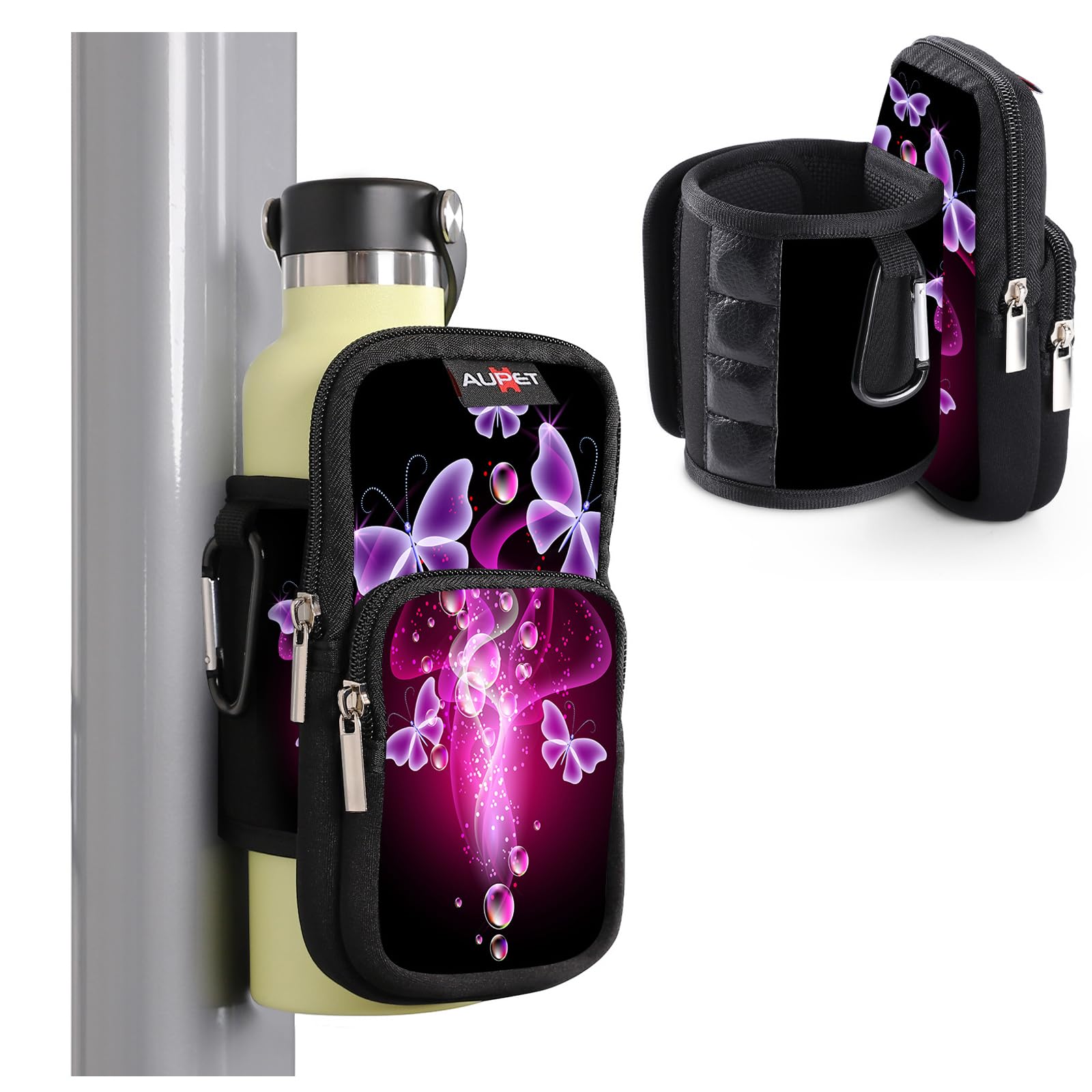 AUPET Magnetic Gym Water Bottle Holder - Gym Accessories for Men Women,Magnet Bottle Cup Carrier Phone Bag Sleeve Pouch Purse (Purple Butterfly, S(fit 16-25oz Bottle))