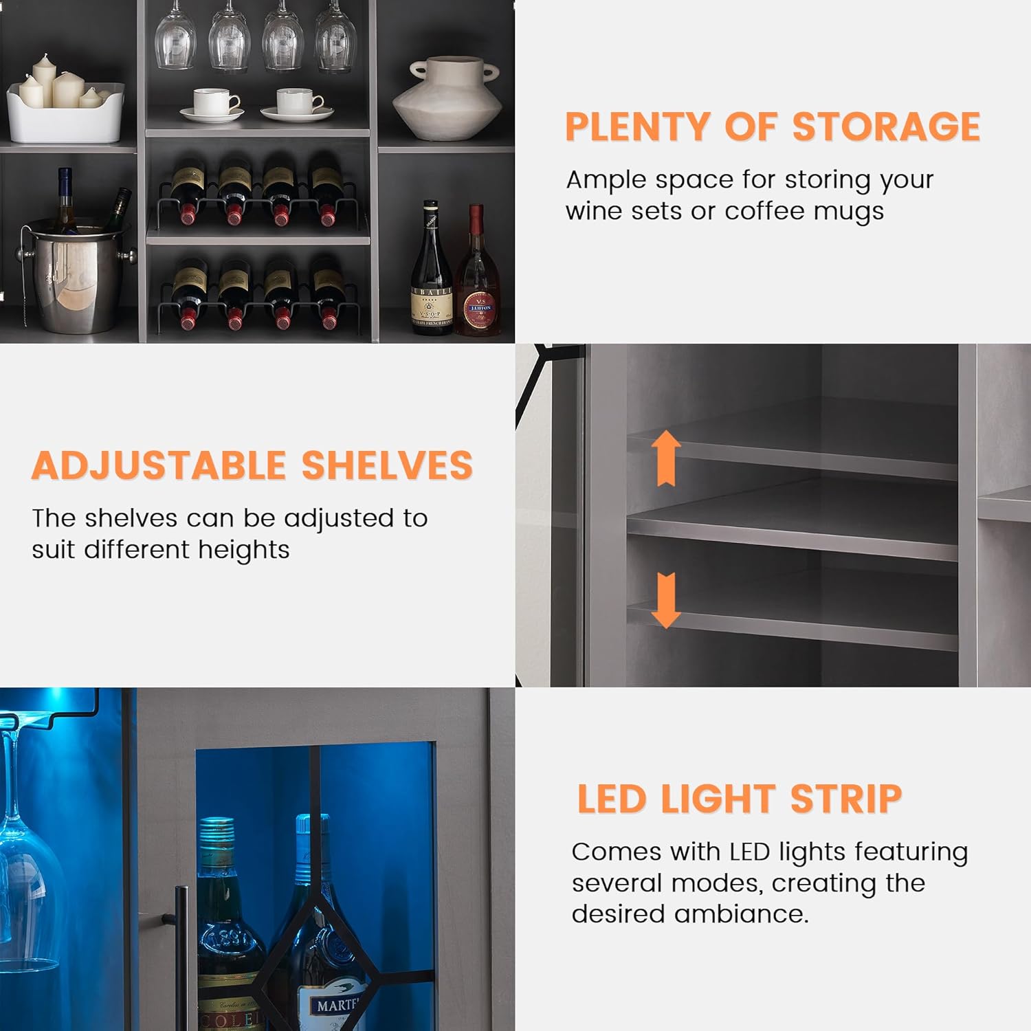 IDEALHOUSE Wine Cabinet Features: Storage, Adjustable Shelves, LED Light Strip