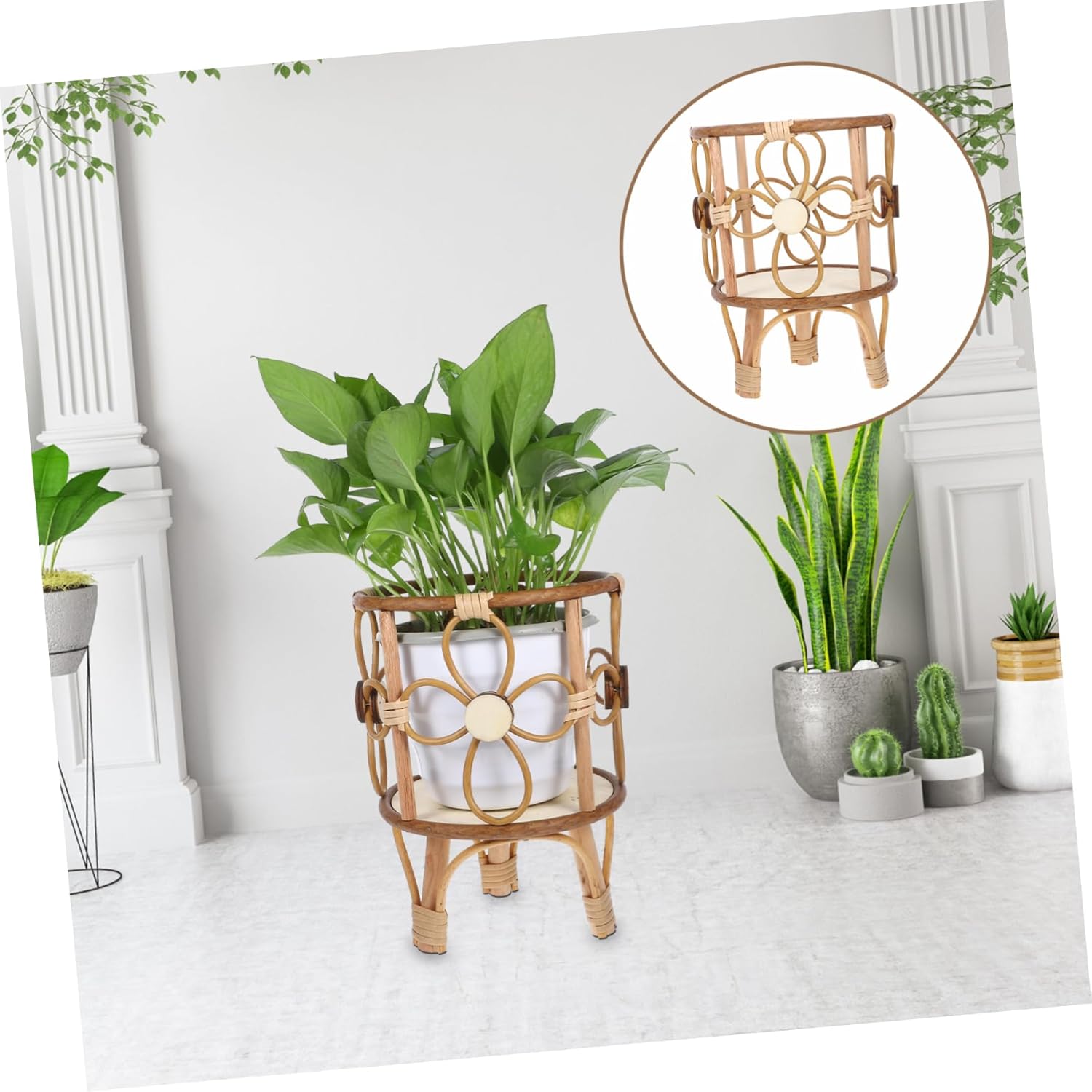PRETYZOOM Handwoven Wood Plant Stand with Legs Elegant Hollow Design Heavy Duty Flower Pot Holder for Indoor Outdoor Use Space Saving Rattan Flower Stand for Succulents Chic Display Base