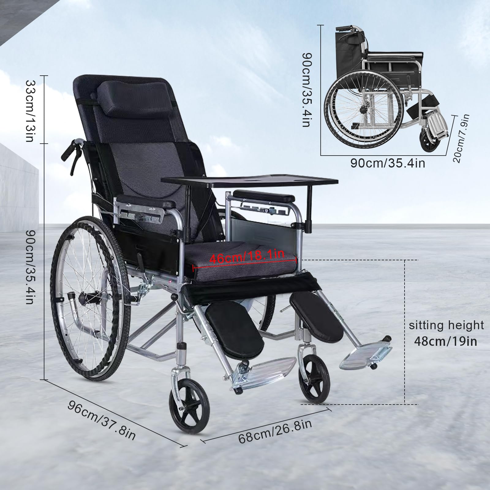 Silla de Ruedas Plegable Ligera - Silla de Viaje de Aluminio Totalmente reclinable y Ajustable - Asiento de 45 cm para Adultos, Personas bariátricas y Personas Mayores - Capacidad de 118 kg