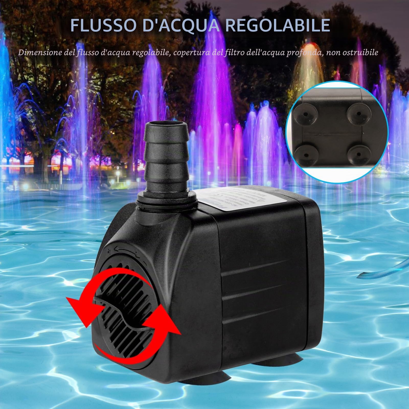 PORFOYO Pompa per fontana esterna 220 V, pompa per laghetto con filtro, pompa per fontana, piccola con luce, pompa per giochi d'acqua, pompa per laghetti, laghetti, fontane silenziose, 2000 l/h 25 W