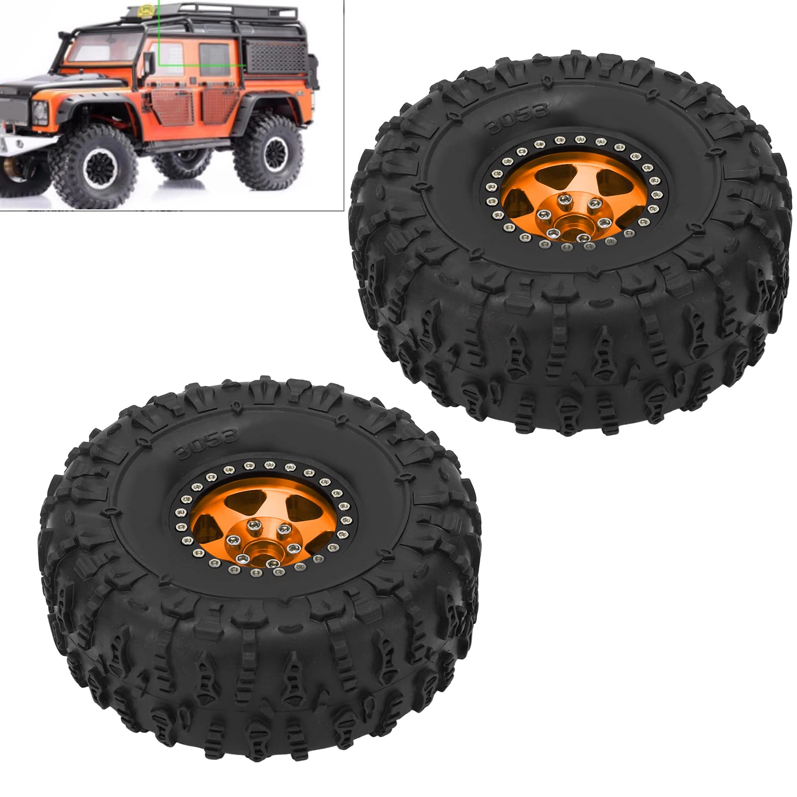 Set di 2 cerchi da 1,9 pollici e pneumatici, ruote per crawler RC con pneumatici in gomma e cerchi in lega di alluminio, pneumatici antiscivolo per fuoristrada per Axial SCX10, (Oro Nero)