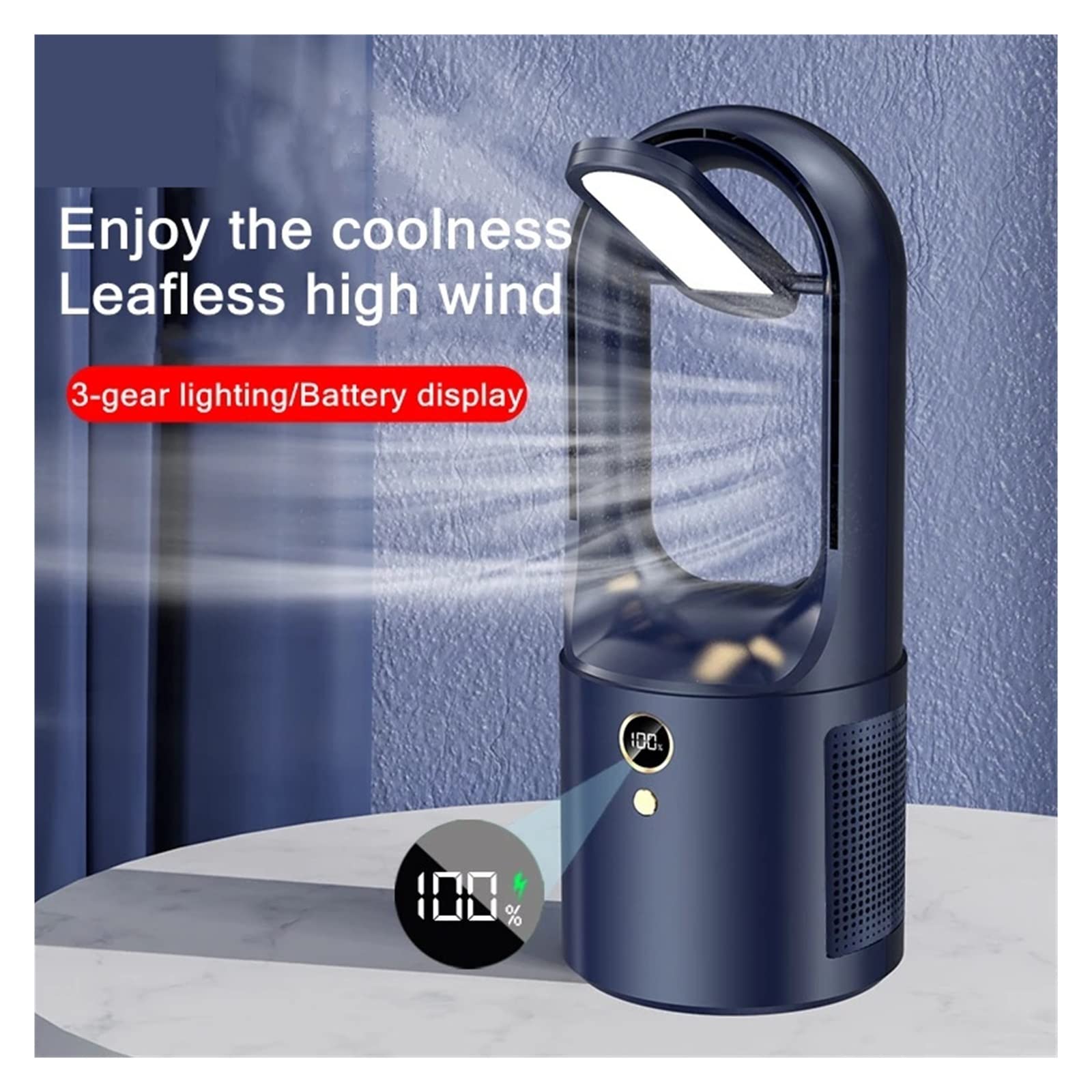 BezłOpatkowy Wentylator Biurkowy Użytku domowego Elektryczny bezłopatkowy wentylator stołowy Chłodnica USB Ładowanie Przenośny bezprzewodowy mini wentylator Ultra cicha lampka nocna LED(White)