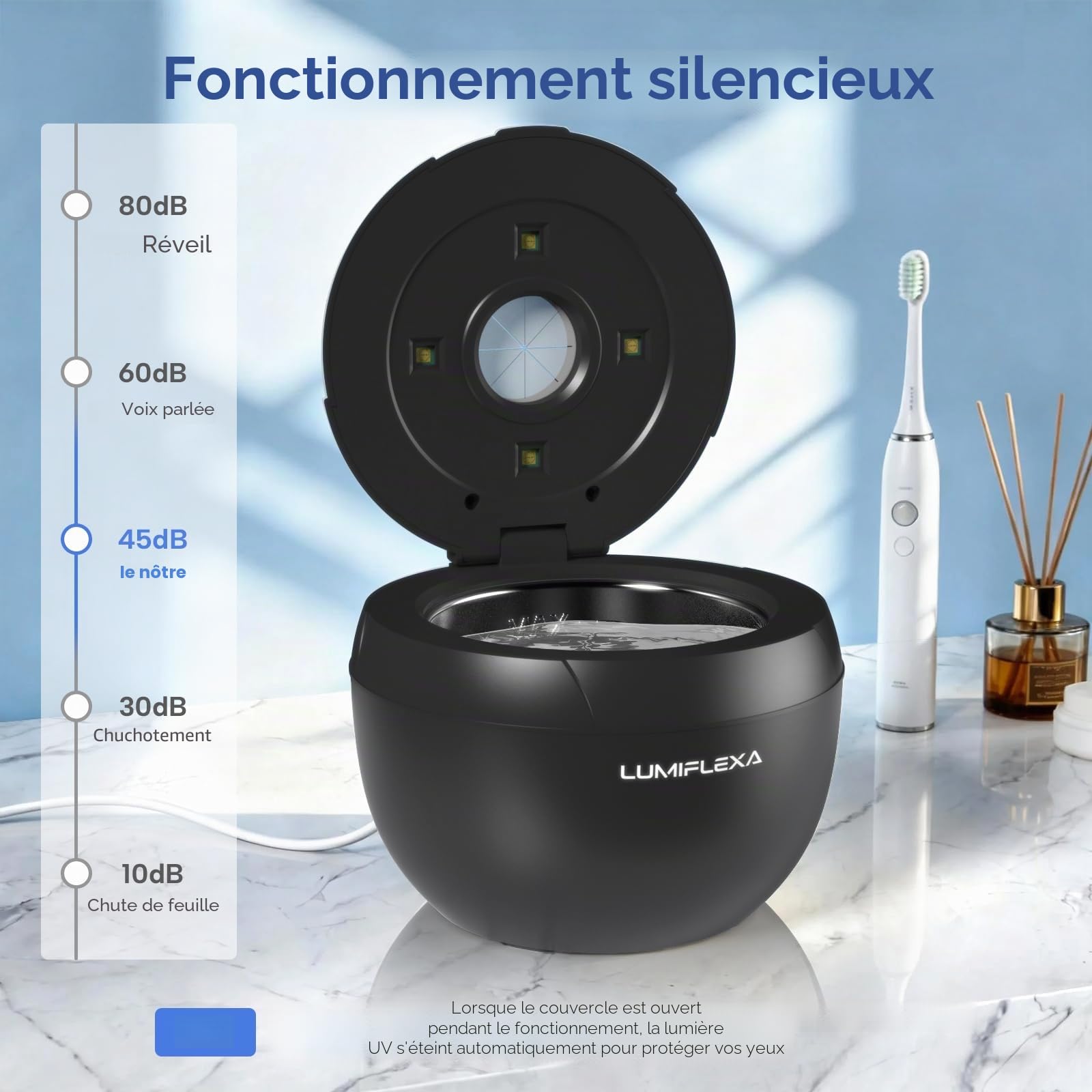 Nettoyeur Ultrasons 45000Hz Gouttière Dentaire 4 Lampes UV 200ml 4 Modes Nettoyage Prothèses Dentaires Bijoux Noir