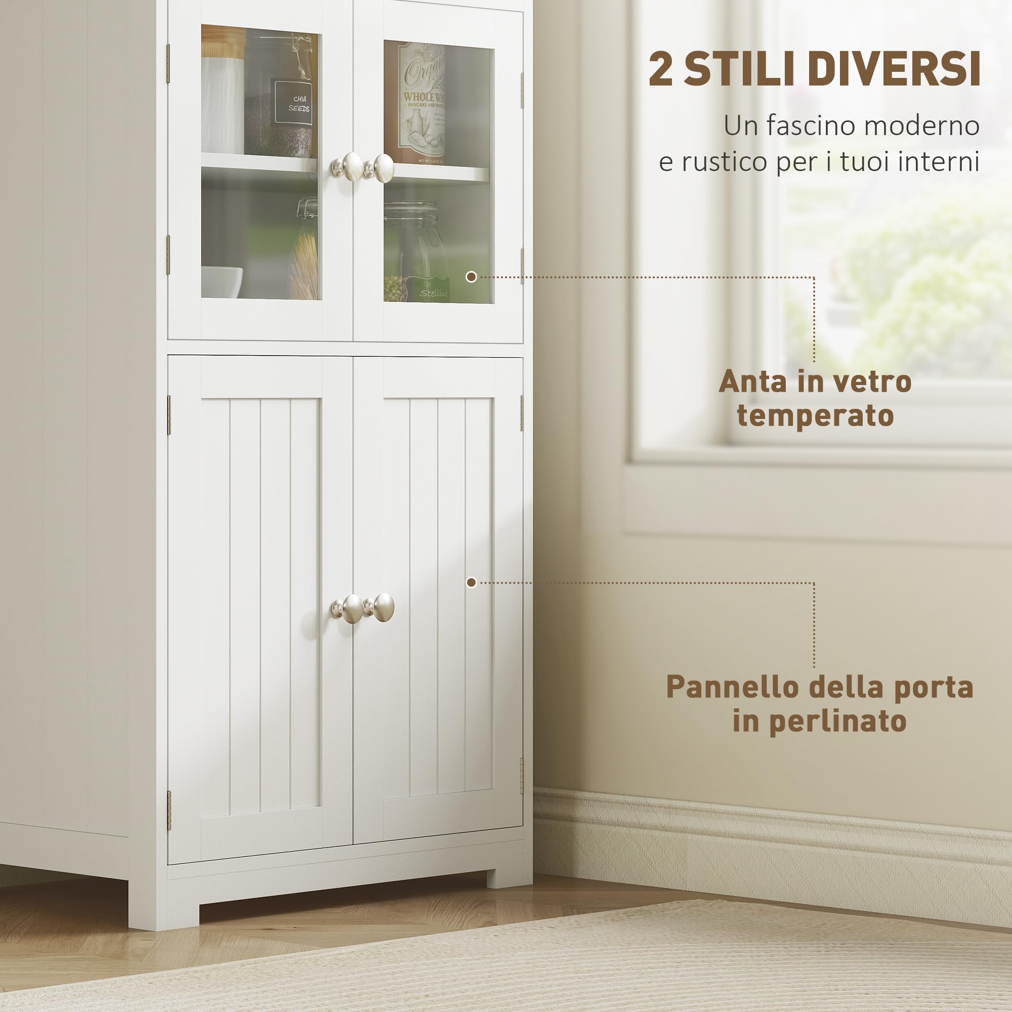 HOMCOM Credenza Cucina con 2 Ripiani Aperti e 2 Armadietti con Ante, Mobile Cucina in MDF e Vetro Temperato, 60x30x162 cm, Bianco
