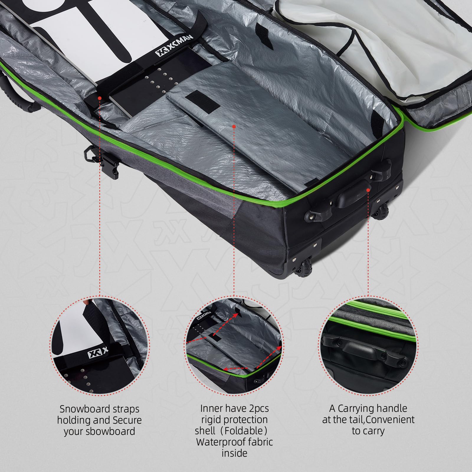 XCMAN - Borsa da Snowboard con Ruote, Lunghezza Regolabile per Viaggi in Aereo, Extra Lunga, Larga, Profonda, Impermeabile, con Stecche di Protezione in ABS e Dorso in Polipropilene, Versione 2020