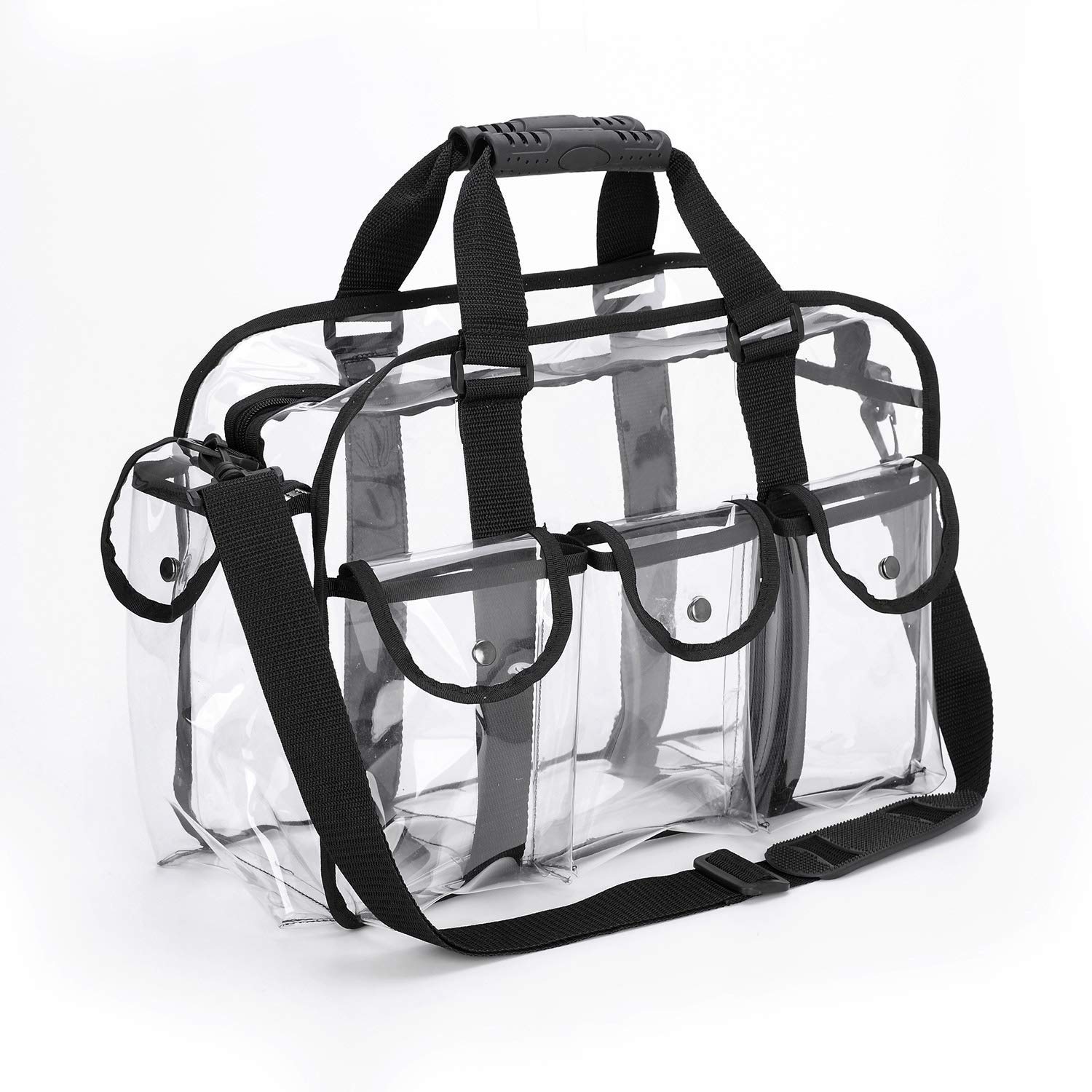 Clear Makeup Artist Bag, Storage Travel Zip Organiser with Handles, Side Pockets, Shoulder Strap & Compartments, PVC Plastic Vinyl - Image 2
