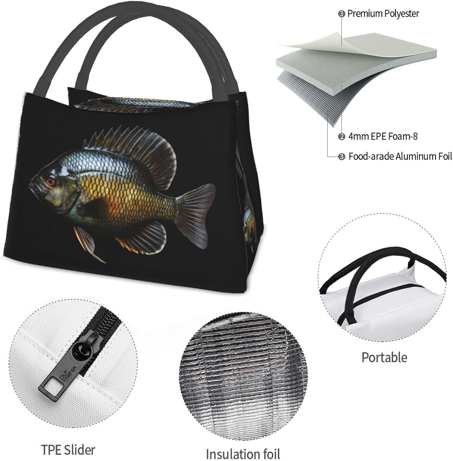 bluegill Fish Lunch Box Large Portable Collapsible Insulated Cooler Lunch Tote for Men Women74