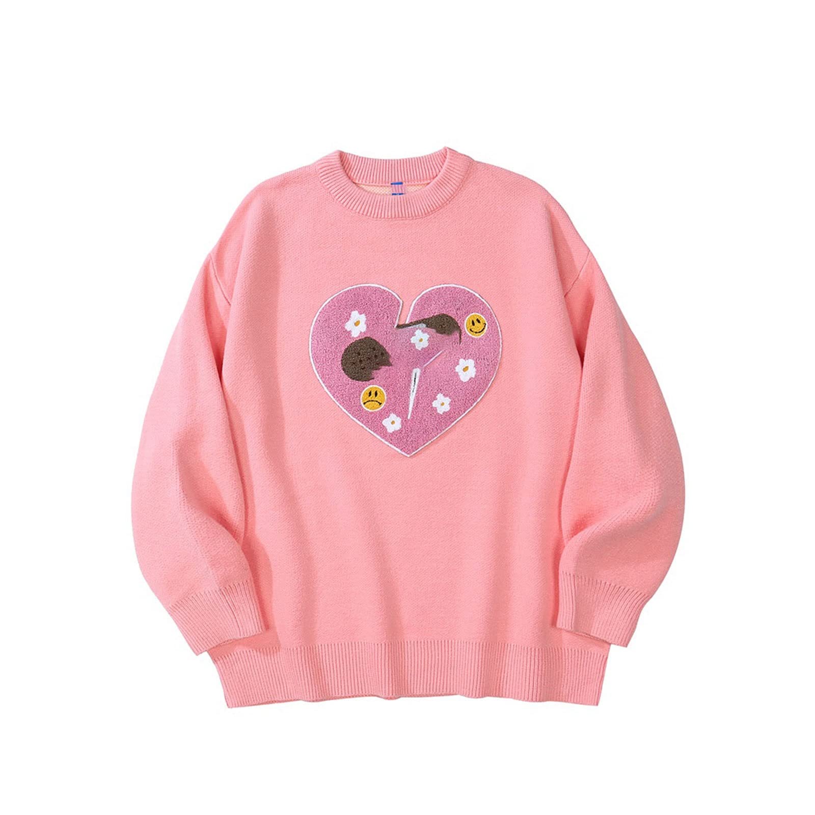 ZOIKOM Men's Pullover Sweaters， Harajuku vintage love smiling face knitted sweater men hip hop black winter ugly sweater punk jumper pullover (Color : Pink, Size : L)