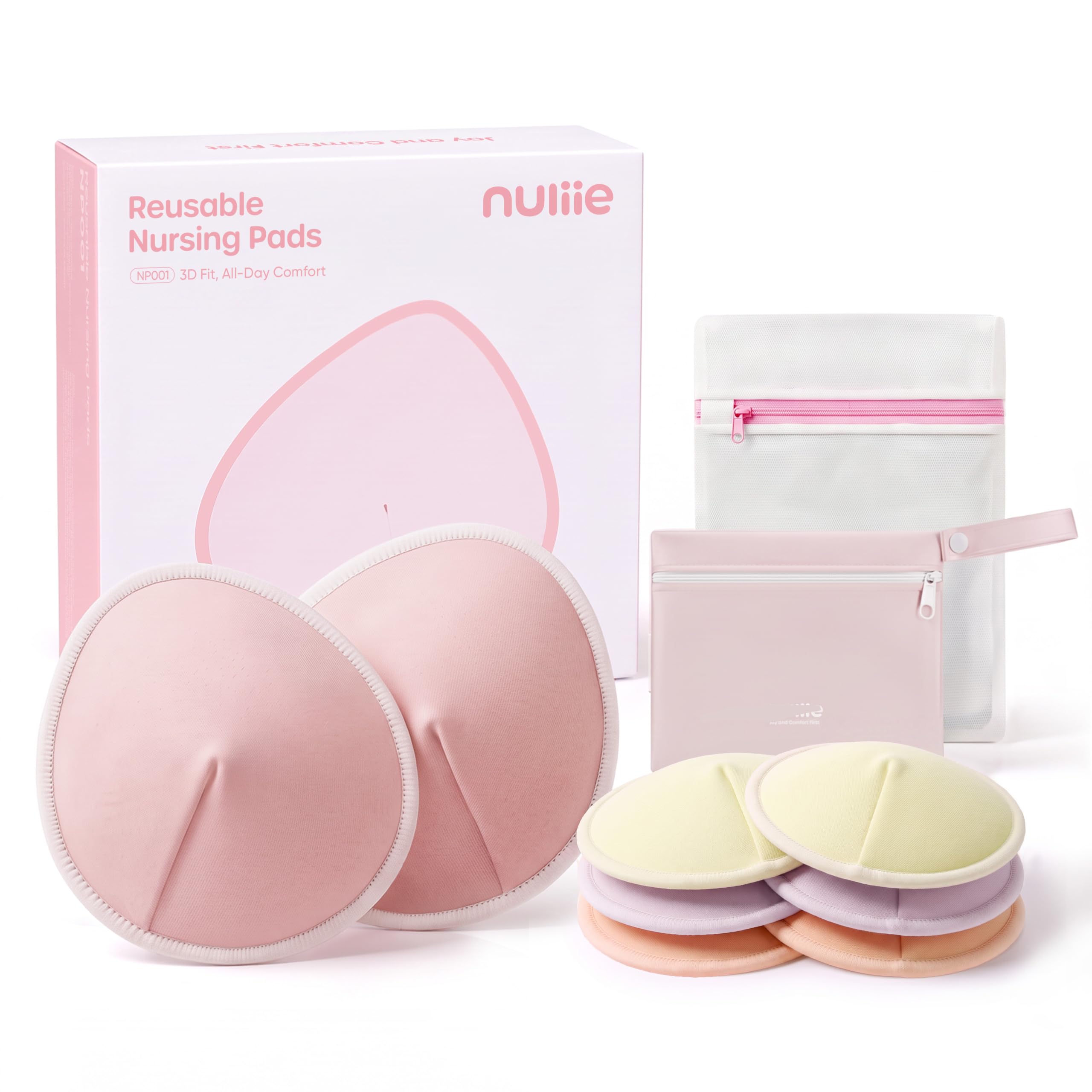 Nuliie Reusable Nursing Pads 8 Pack (4 Pairs), Contour Cup Shape for Better Coverage, Ultra Thin Breast Pads for Leaking Milk, Washable Breastfeeding Pads with Laundry Bag & Wet Bag