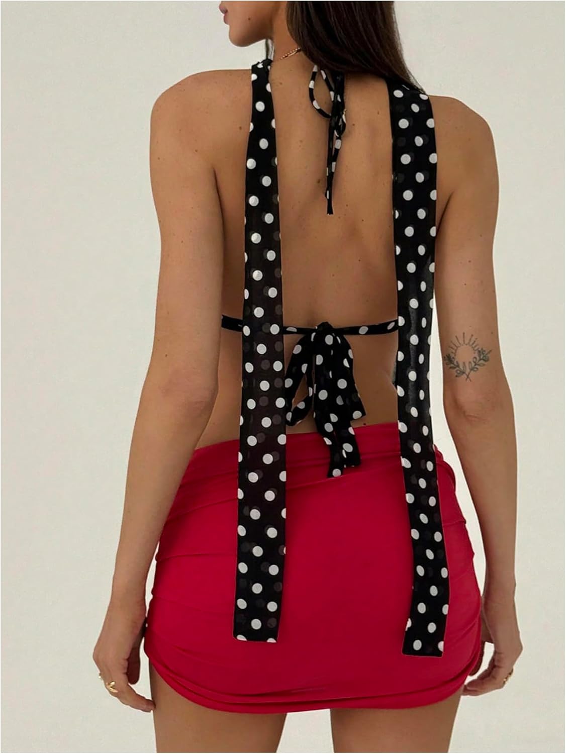 SOLY HUX Women's Polka Dots Halter Crop Top Y2k Tie Backless Deep V Neck Party Rave Tops with Scarf - Image 2