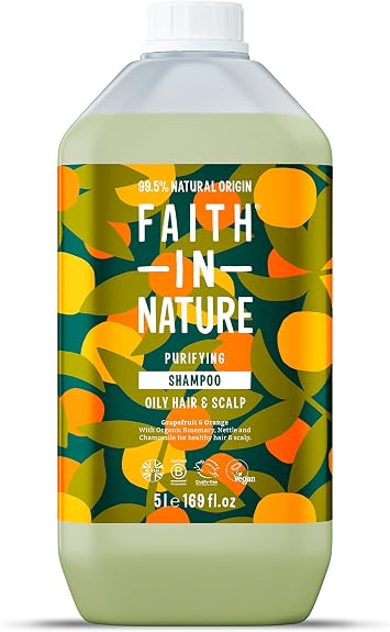 Faith In Nature Natural Grapefruit & Orange Shampoo, Purifying For Oily Hair & Scalp, Vegan & Cruelty Free, No SLS, Silicones or Parabens, 5L Refill Pack