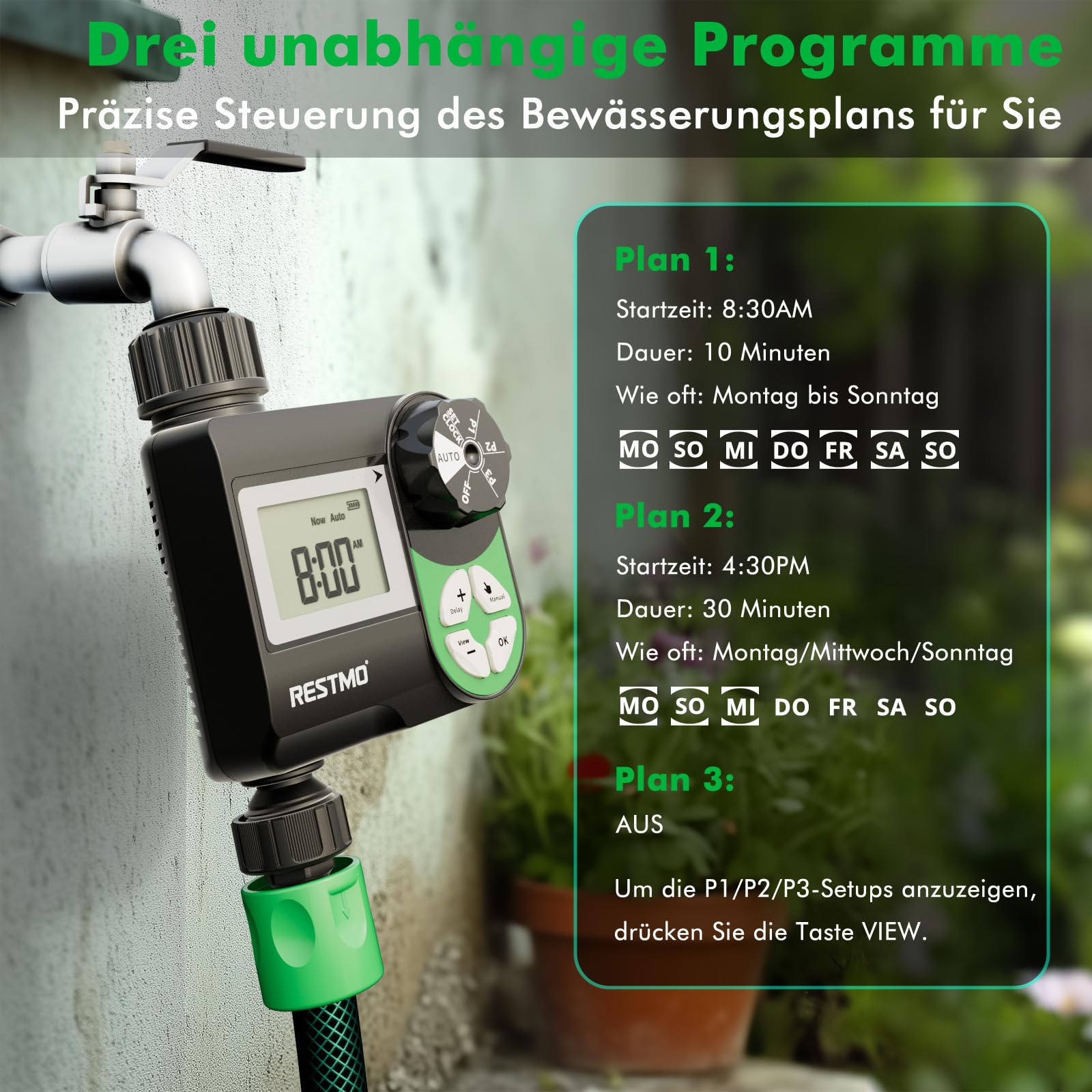 RESTMO programmierbarer Bewässerungscomputer mit wöchentlicher Zeitplansteuerung, 3 Bewässerungsmodi und 3 unabhängigen Programme, Zeitschaltuhr für Außenwasserhahn, Rasen-Bewässerungssystem, 1 Zone