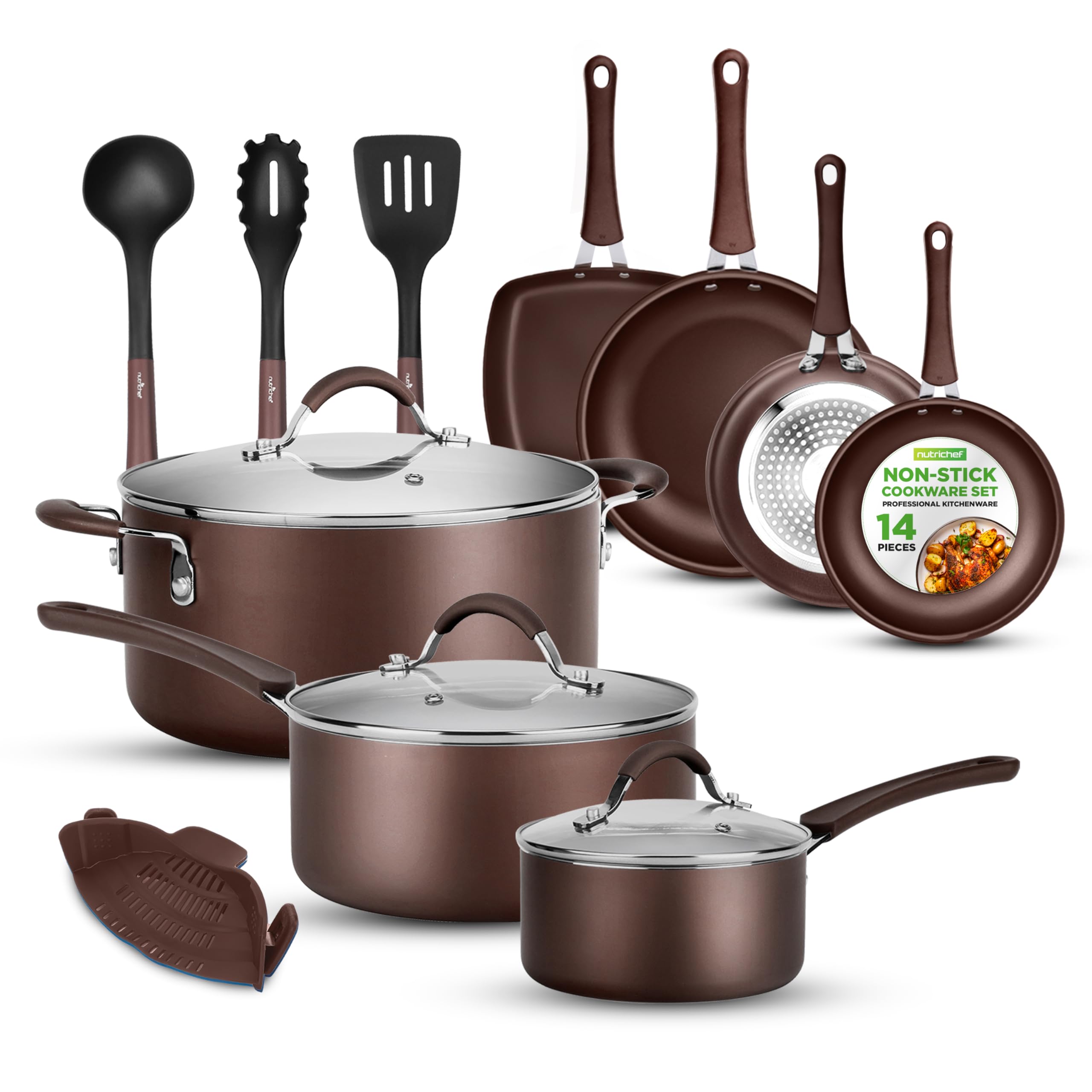 NutriChef 14-Piece Nonstick Brown Cookware Set - Scratch-Resistant Kitchen Pots and Pans with Lids & Utensils, For All Cooktops - NCCW14SBR