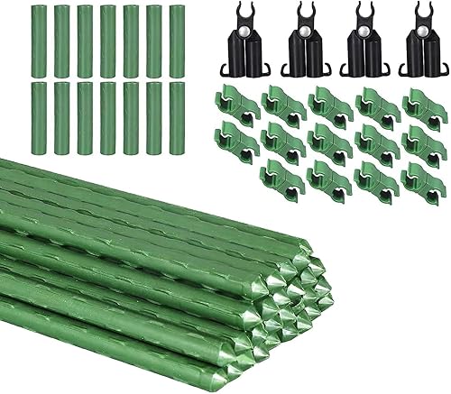 Fercery Garden Stakes - Juego de 28 estacas de tomate resistentes de 16 pulgadas, 14 conectores redondos, 14 abrazaderas giratorias, bricolaje de 4