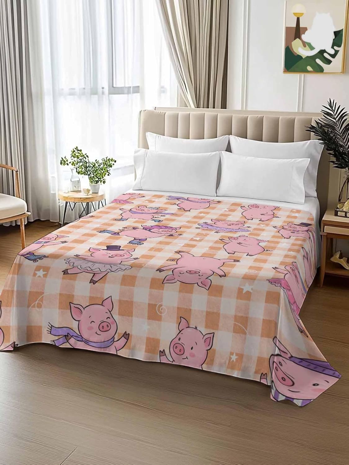 King Size Flat Sheet Only, Children's Day Cute Cartoon Pink Pig Bed Top Sheet Soft Microfiber Breathable Bedding Flat Sheets, Yellow Buffalo Plaid Top Sheets Hotel Luxury