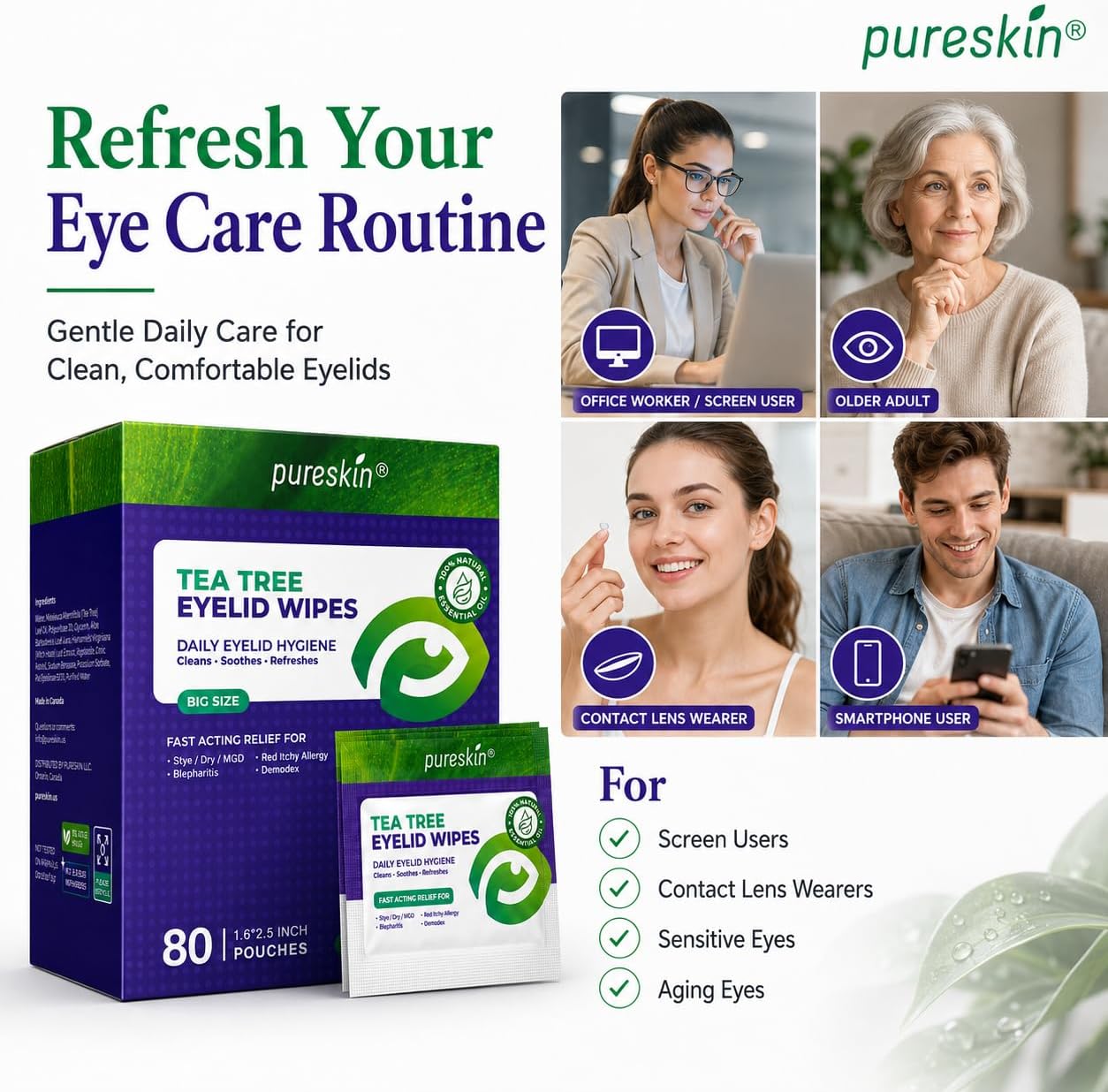 Pureskin Eyelid Wipes with Tea Tree Oil - 80 Eye Lid Cleaning Scrubs for Blepharitis, Demodex, MGD, Stye, Dry & Tired Eyes - Refreshing Cleansing Wipes with Aloe Vera, Hyaluronic Acid & Vitamin E