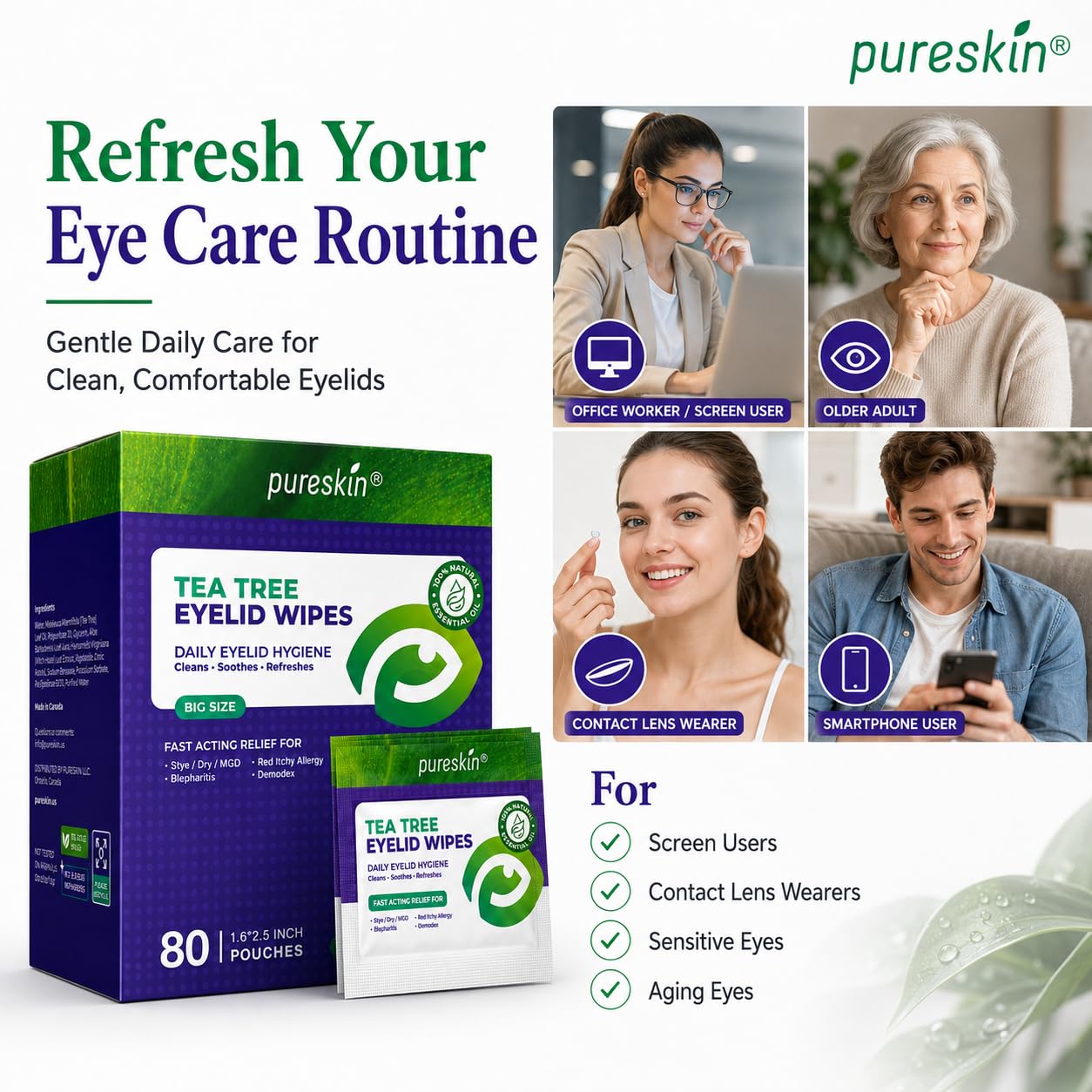 Pureskin Eyelid Wipes with Tea Tree Oil - 240 Individually Scrubs for Itchy, Dry & Tired Eyes - Instant Eye Relief, Refreshing & Cleansing