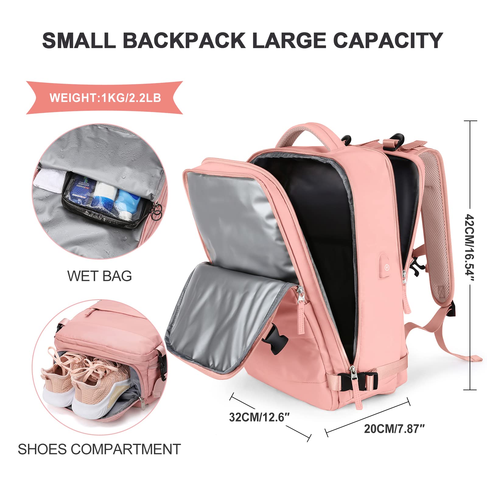 SZLX Zaino da viaggio grande da donna da viaggio zaino da escursionismo sportivo da esterno impermeabile zaino da scuola casual laptop da 14 pollici con porta di ricarica USB scomparto per scarpe