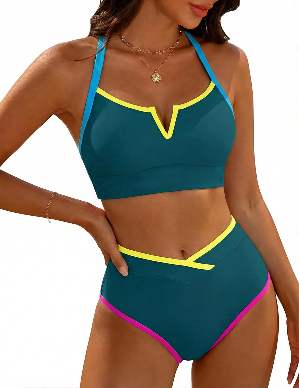 BMJL Women's High Waisted Bikini Sets Color Block Sporty Two Piece Swimsuits Tummy Control V-Neck Crop Top Bathing Suits