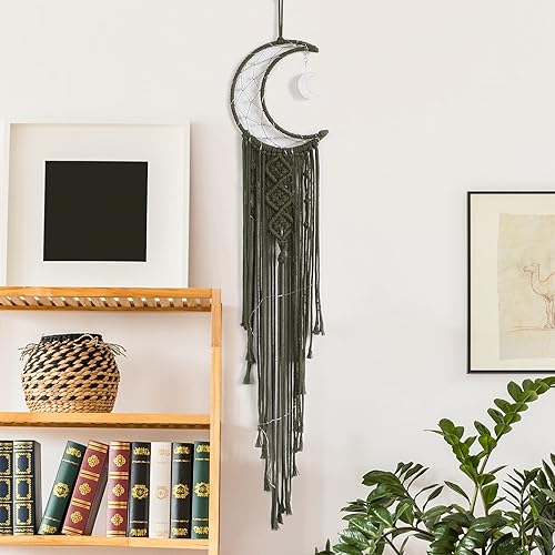 Miniatura 4 de Colgante de pared de macramé bohemio para niños, atrapasueños de media luna y estrella de crochet con borlas largas, decoración de algodón oliva