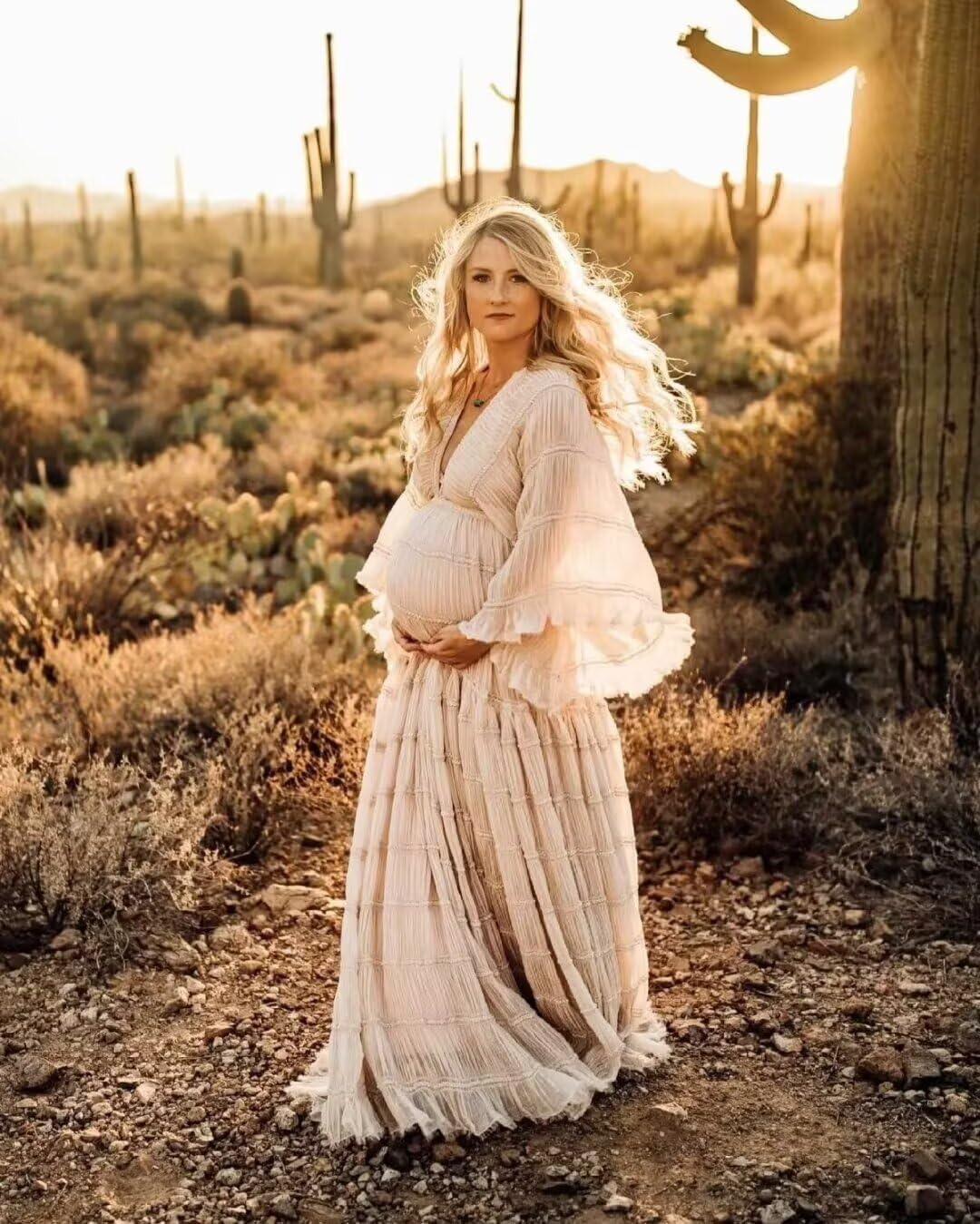 Tulle Boho Maternity Dress for Women Photoshoot Long Sleeve Off Shoulder Pregnancy Baby Shower Dress with Slit